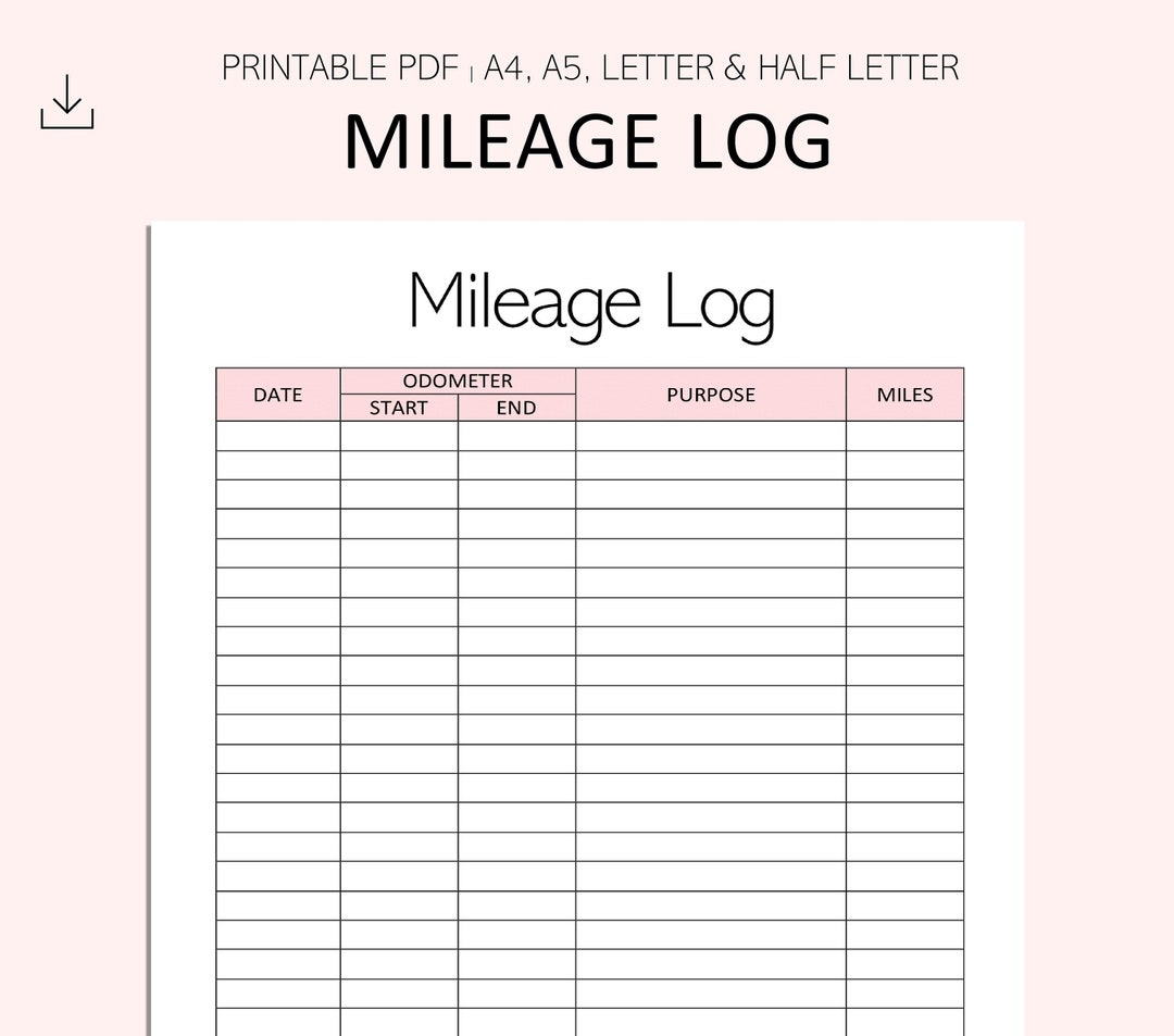 Mileage Log Printable Vehicle Miles Travelled Tracker Mileage Tracker Car Mileage Printable PDF A4 A5 Letter Half Letter Etsy Australia