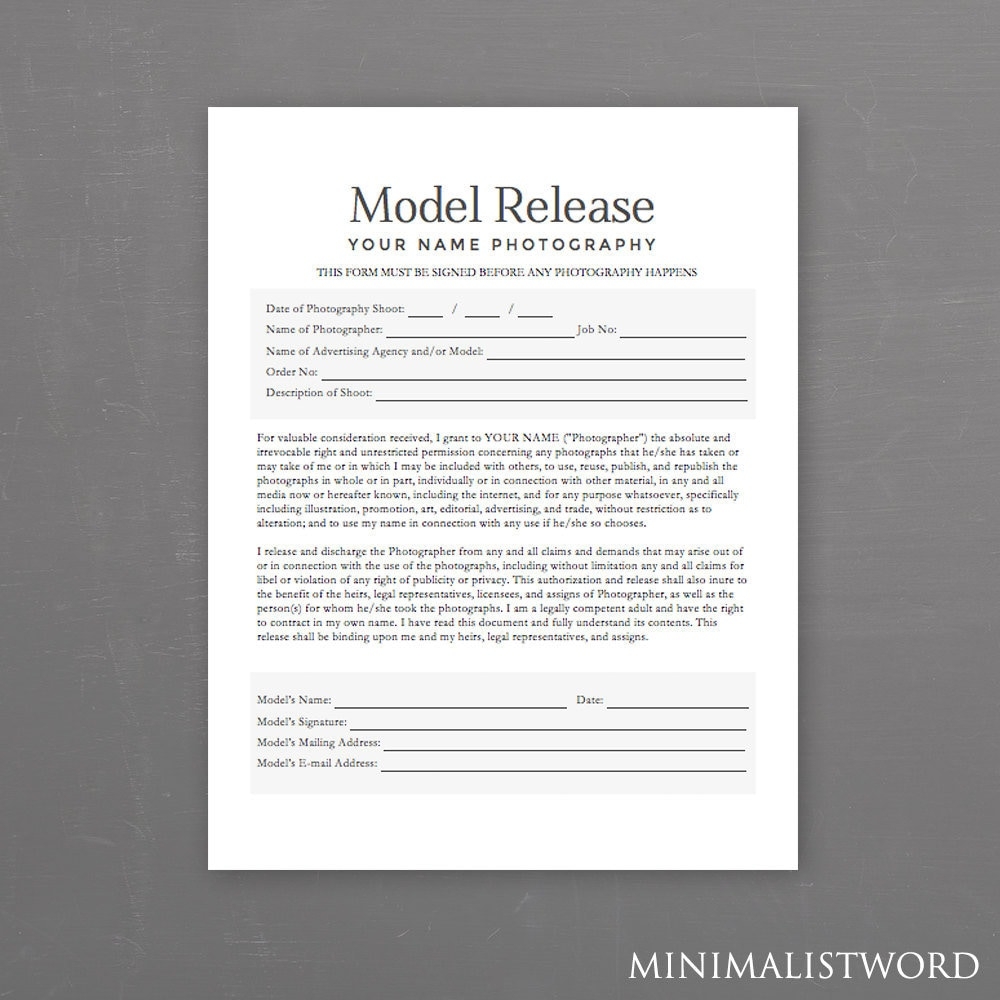 Model Release Form Photography Template For Photographers MS Word Instant Download 