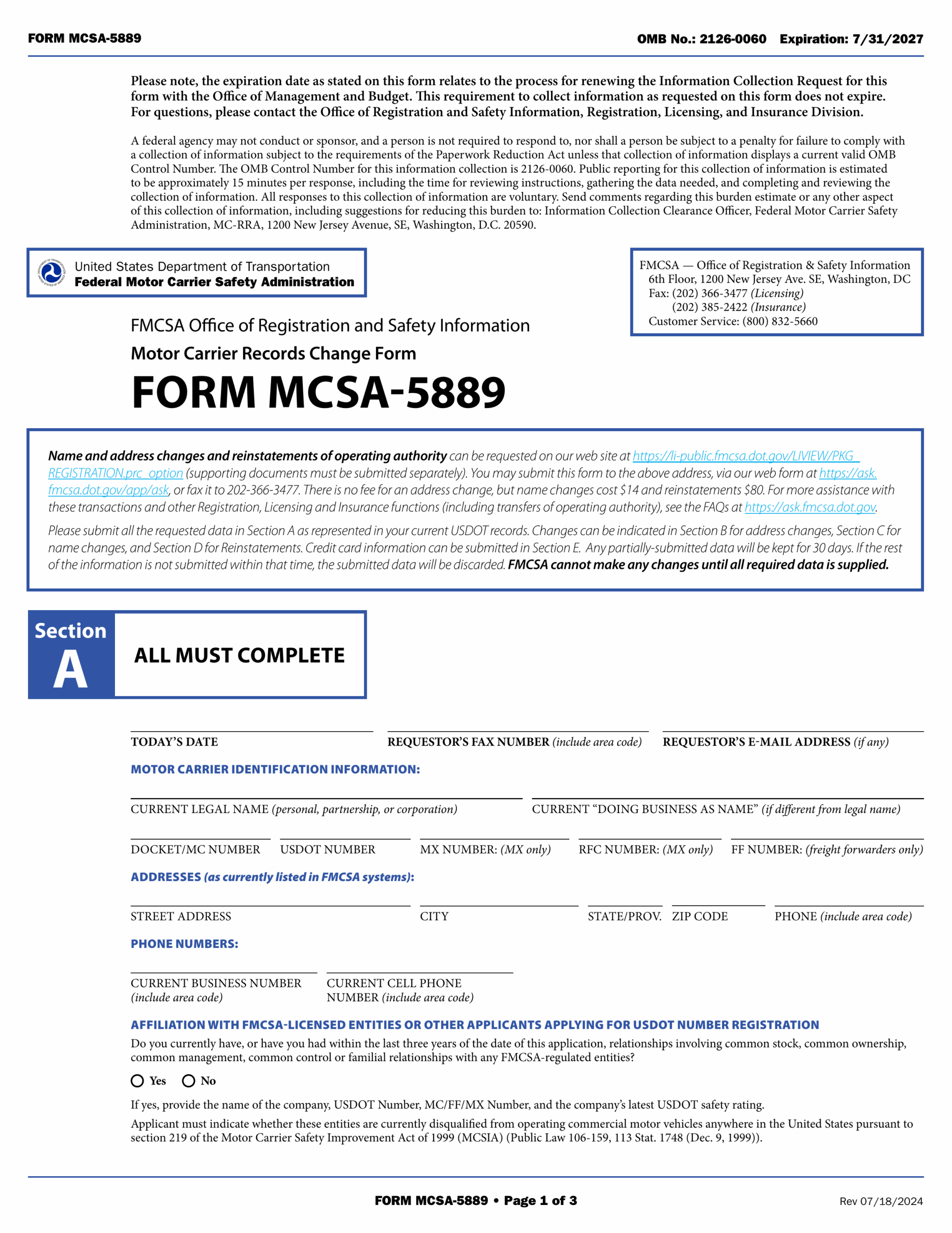 Motor Carrier Authority MCSA