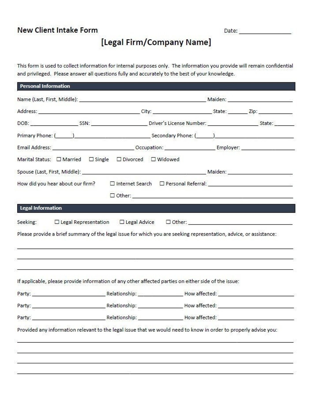 New Client Intake Form Template For Legal Firms word Editable Printable Etsy New Zealand