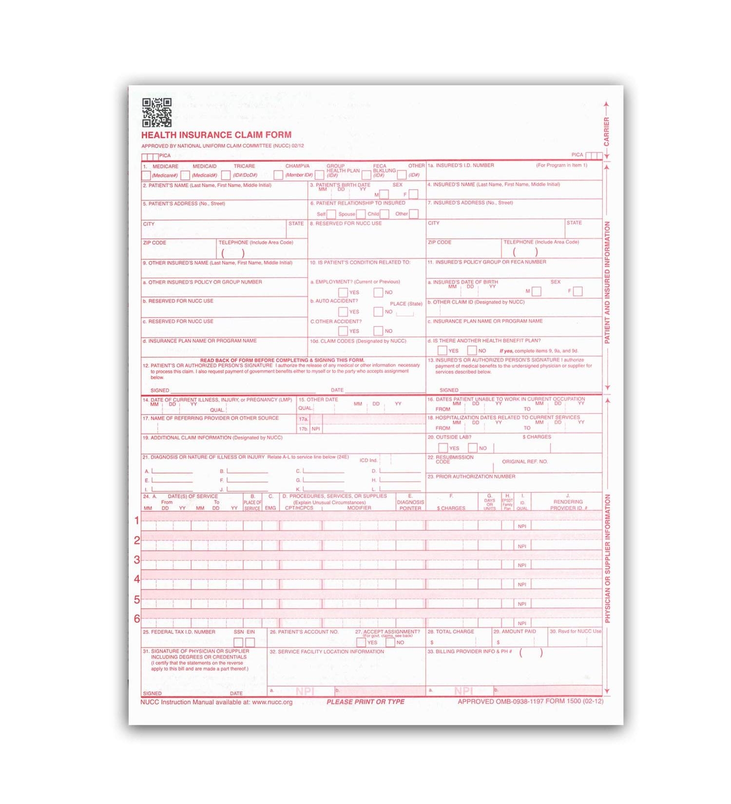 New CMS 1500 Claim Forms HCFA Version 02 12 100 Per Ream Buy 