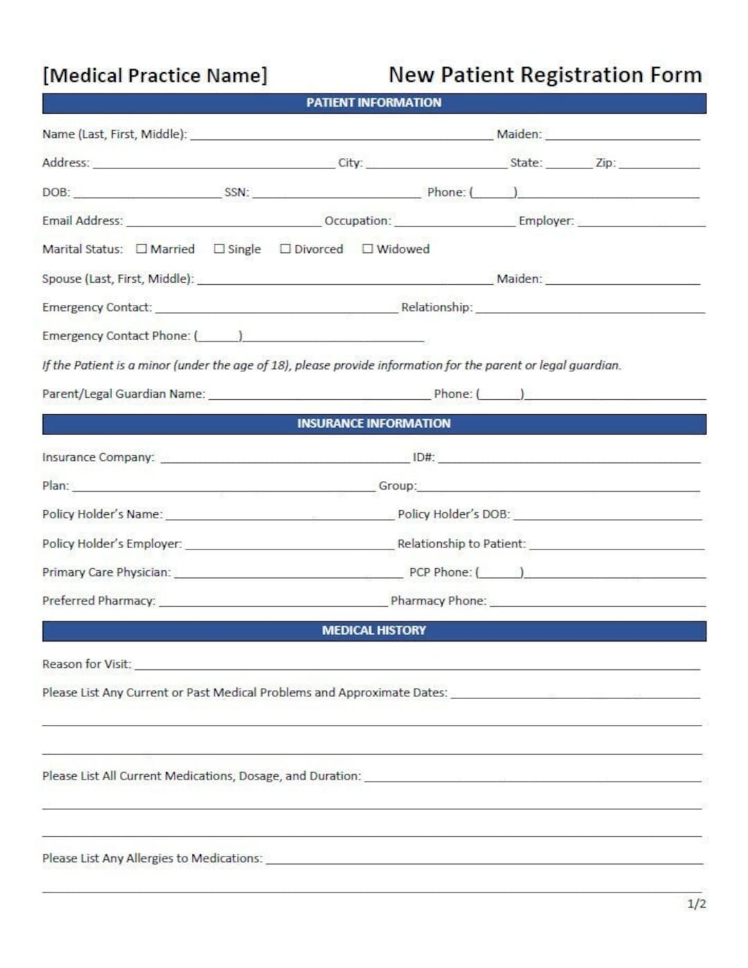 New Patient Registration Form Template word Editable Printable Etsy