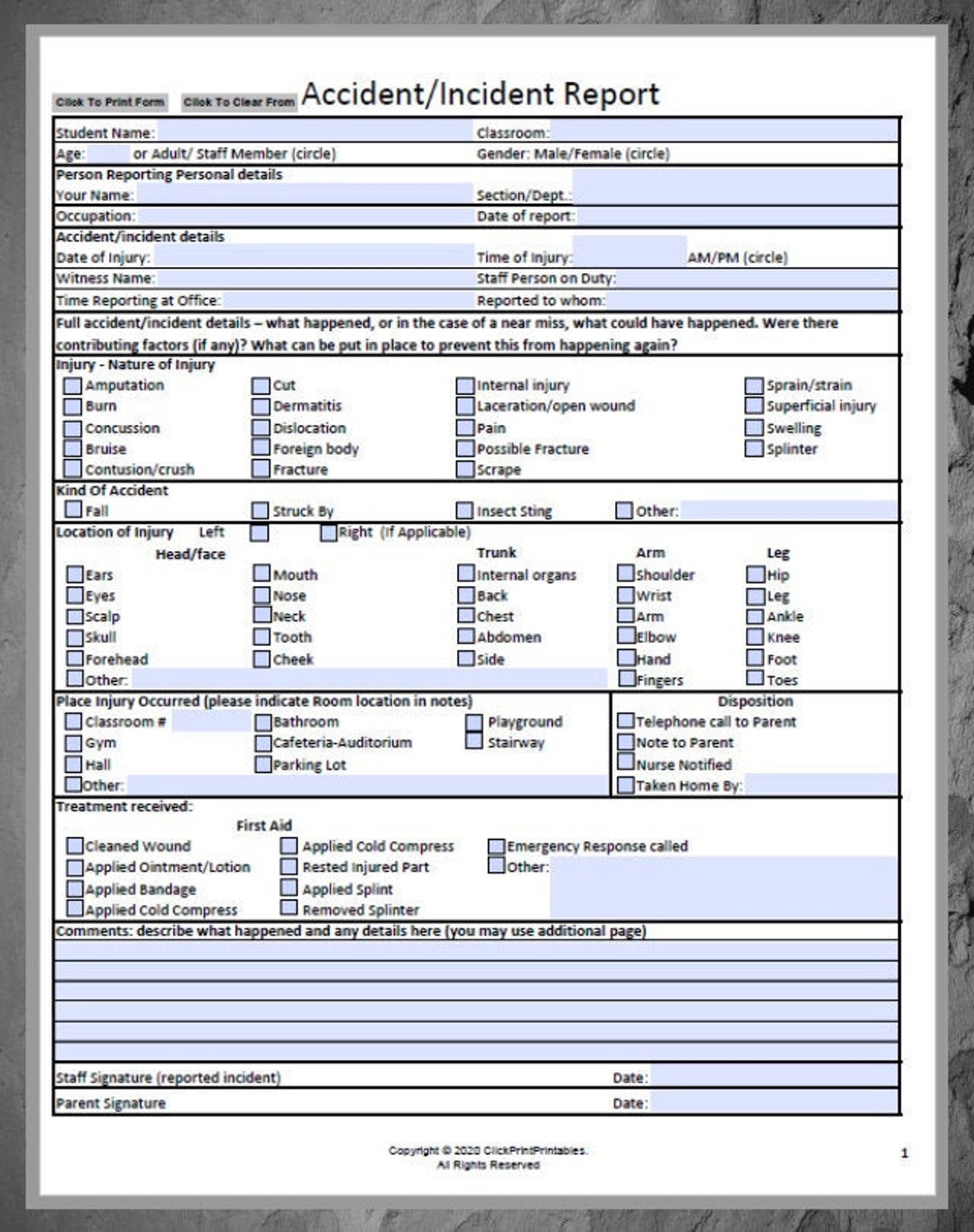 NEW School Accident Incident Report Form Template Editable Downloadable Printable Small Business Fill In PDF black And White Etsy