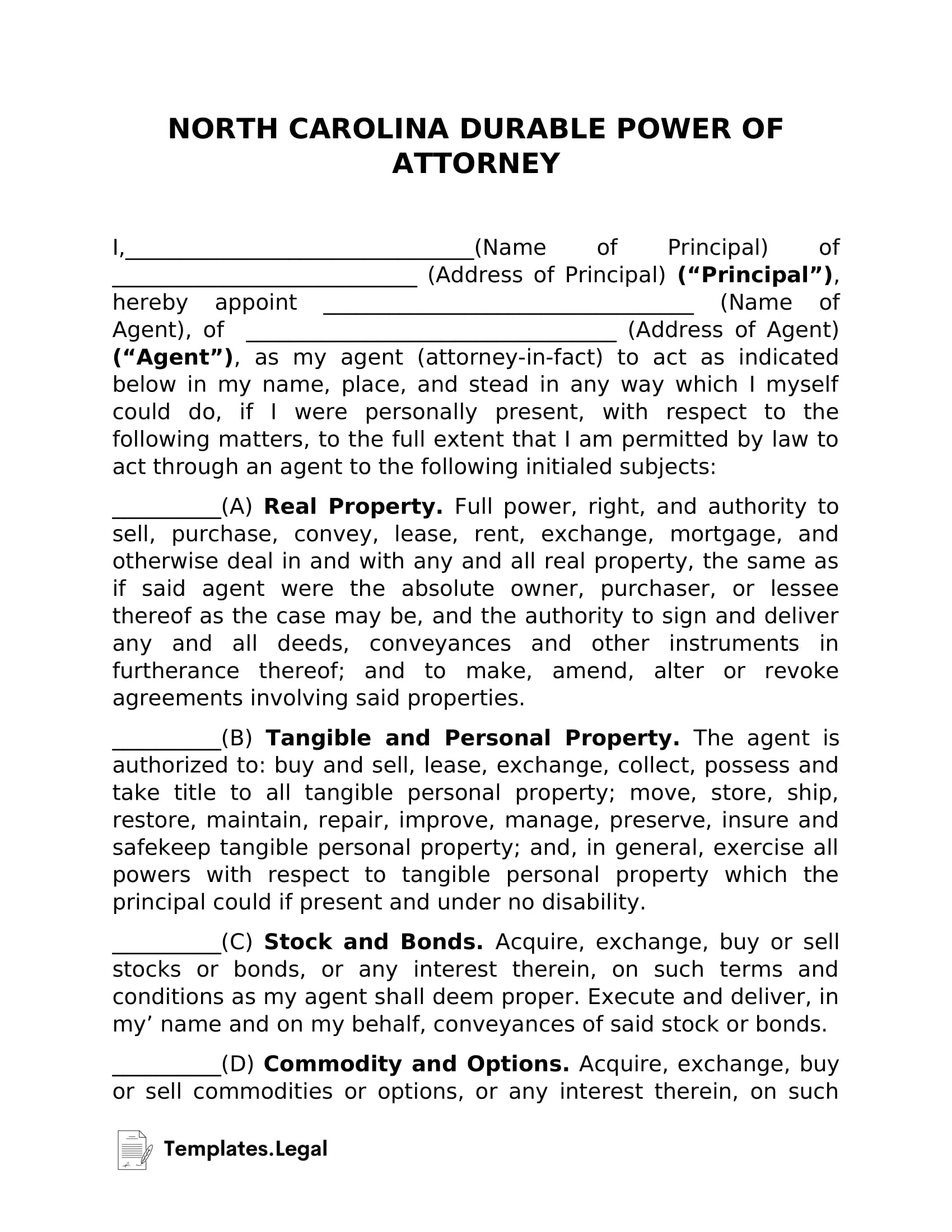 North Carolina Power Of Attorney Templates Free Word PDF U0026 ODT 