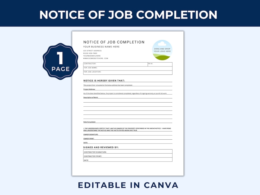 Notice Of Job Completion Template Job Completion Letter Project Completion Contractor Construction Builder Project Management Form Etsy