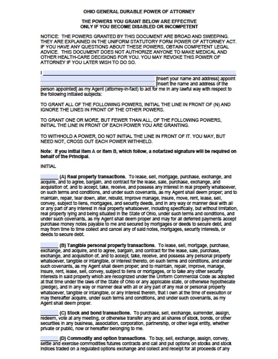 Ohio Durable Financial Power Of Attorney Form Power Of Attorney Power Of Attorney