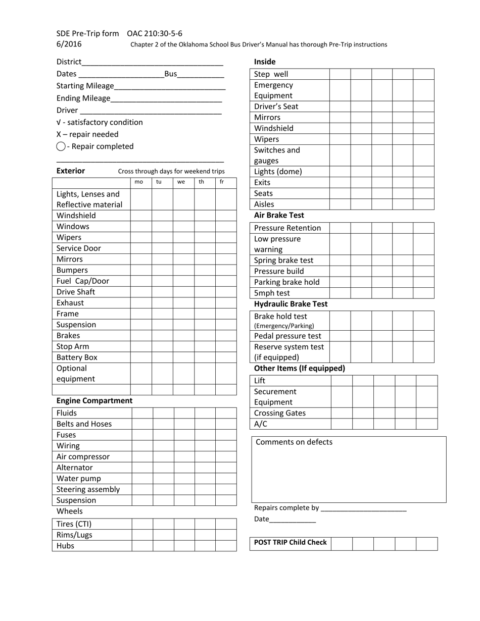 Oklahoma School Bus Pre trip Inspection Sheet Fill Out Sign Online And Download PDF Templateroller