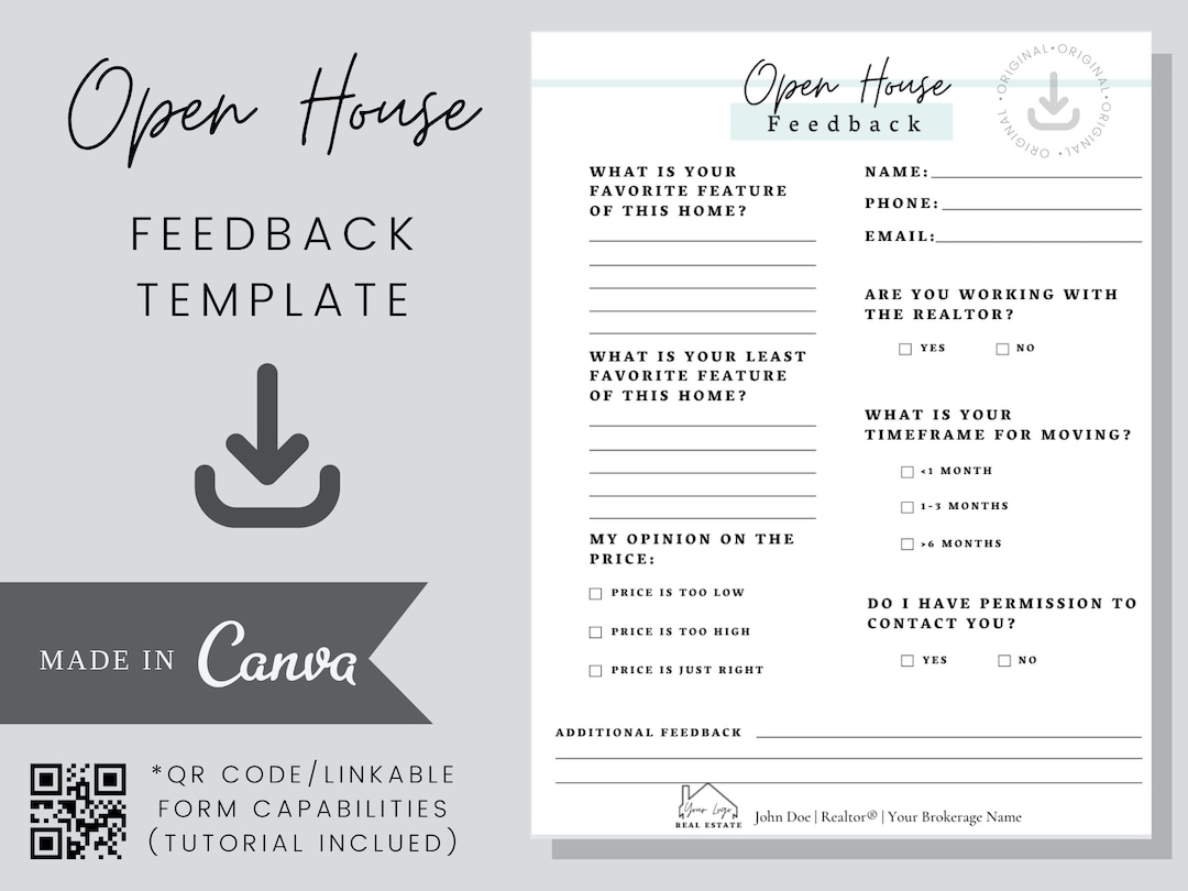 Open House Feedback Template real Estate Editable Etsy