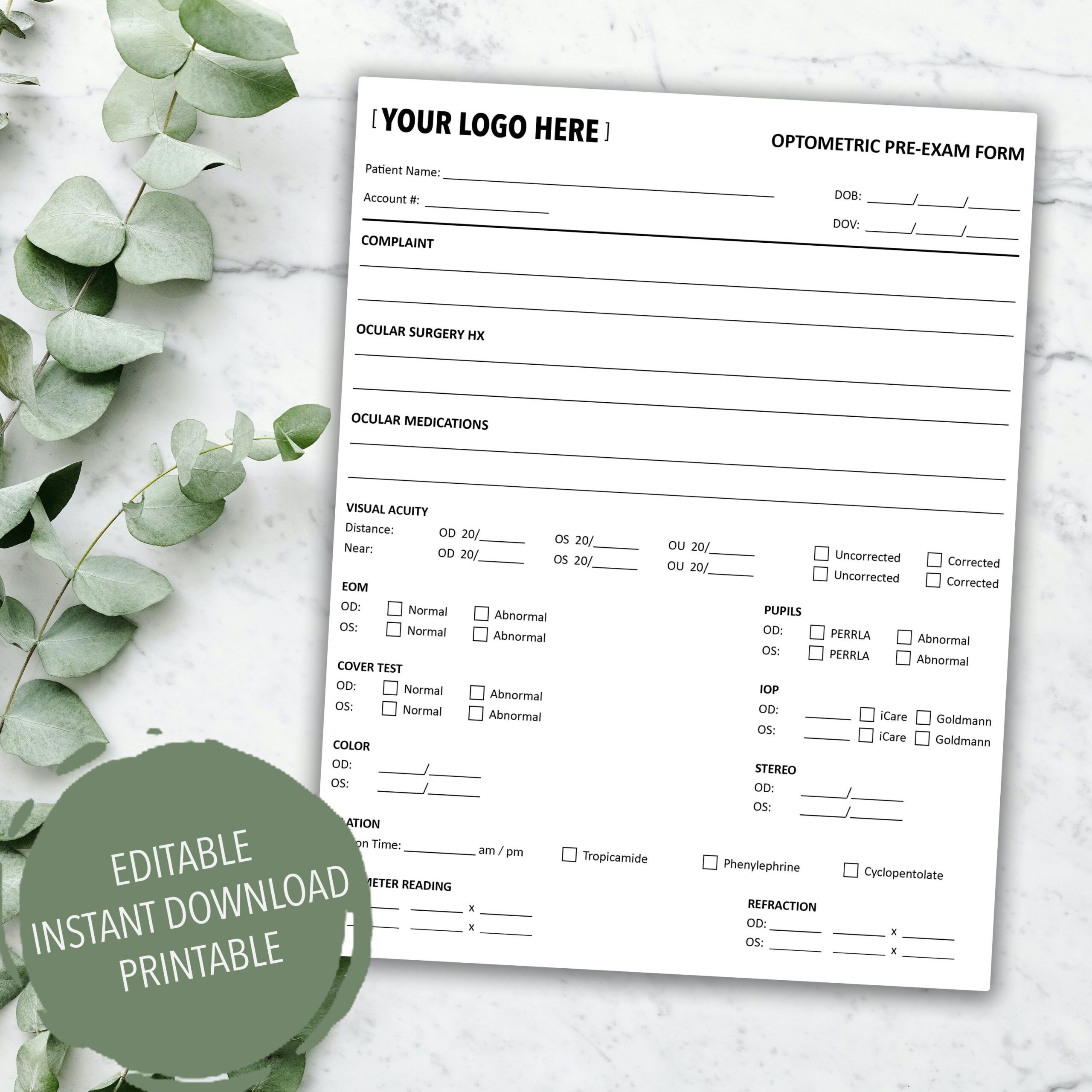 Ophthalmology Optometry Pre Examination Template Tracker Healthcare Planning Printable Editable Instant Digital Download