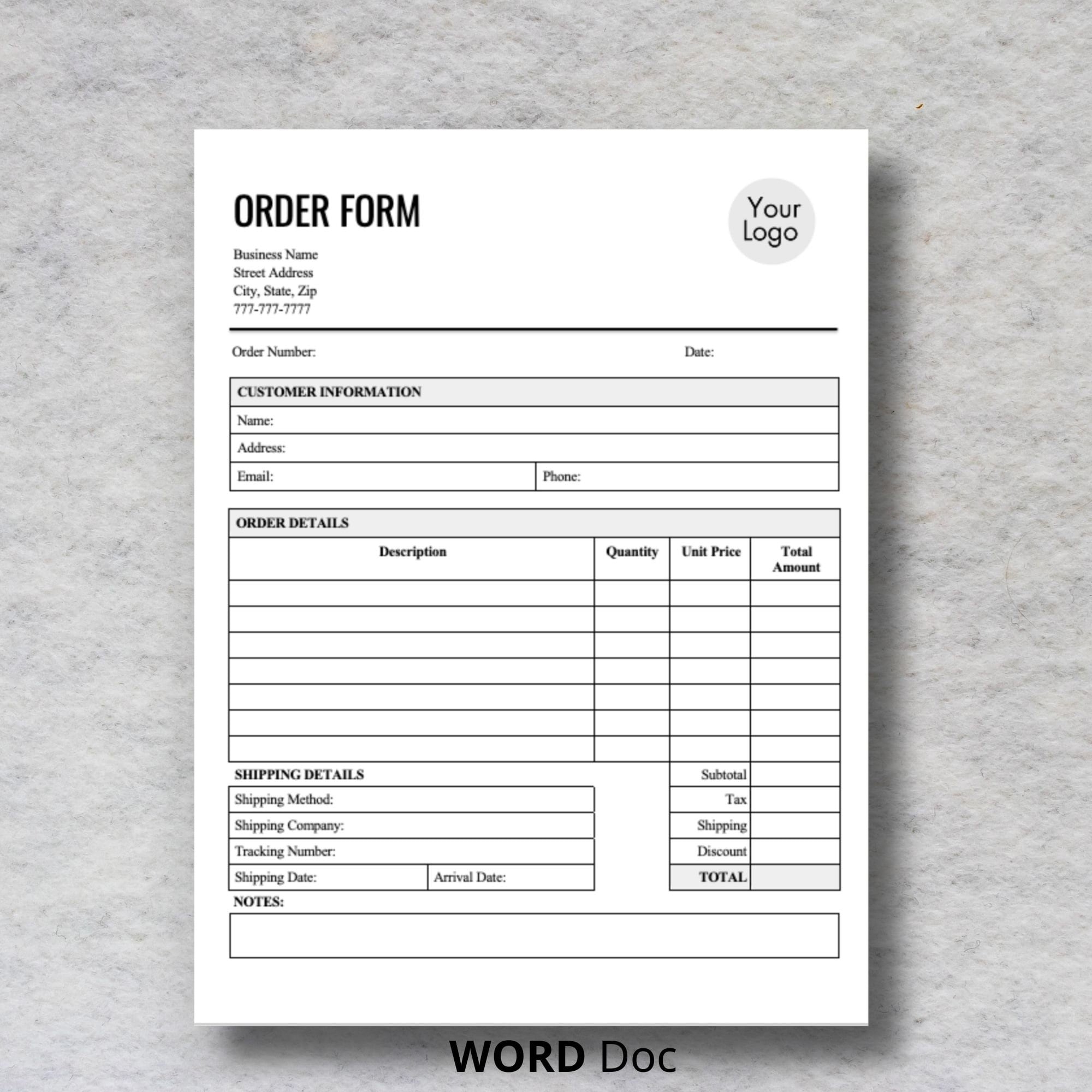 Order Form Template Editable WORD Doc Form Order Forms For Small 