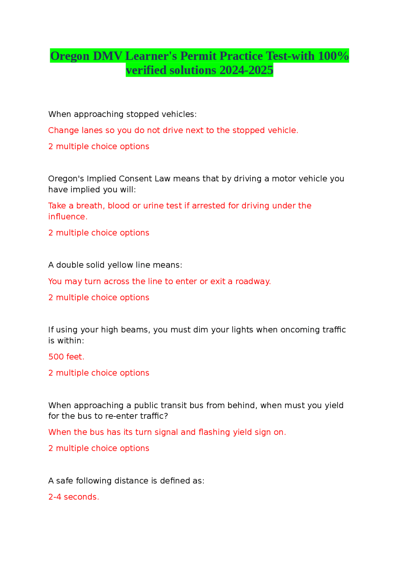 Printable Oregon Dmv Knowledge Test Practice Forms Free