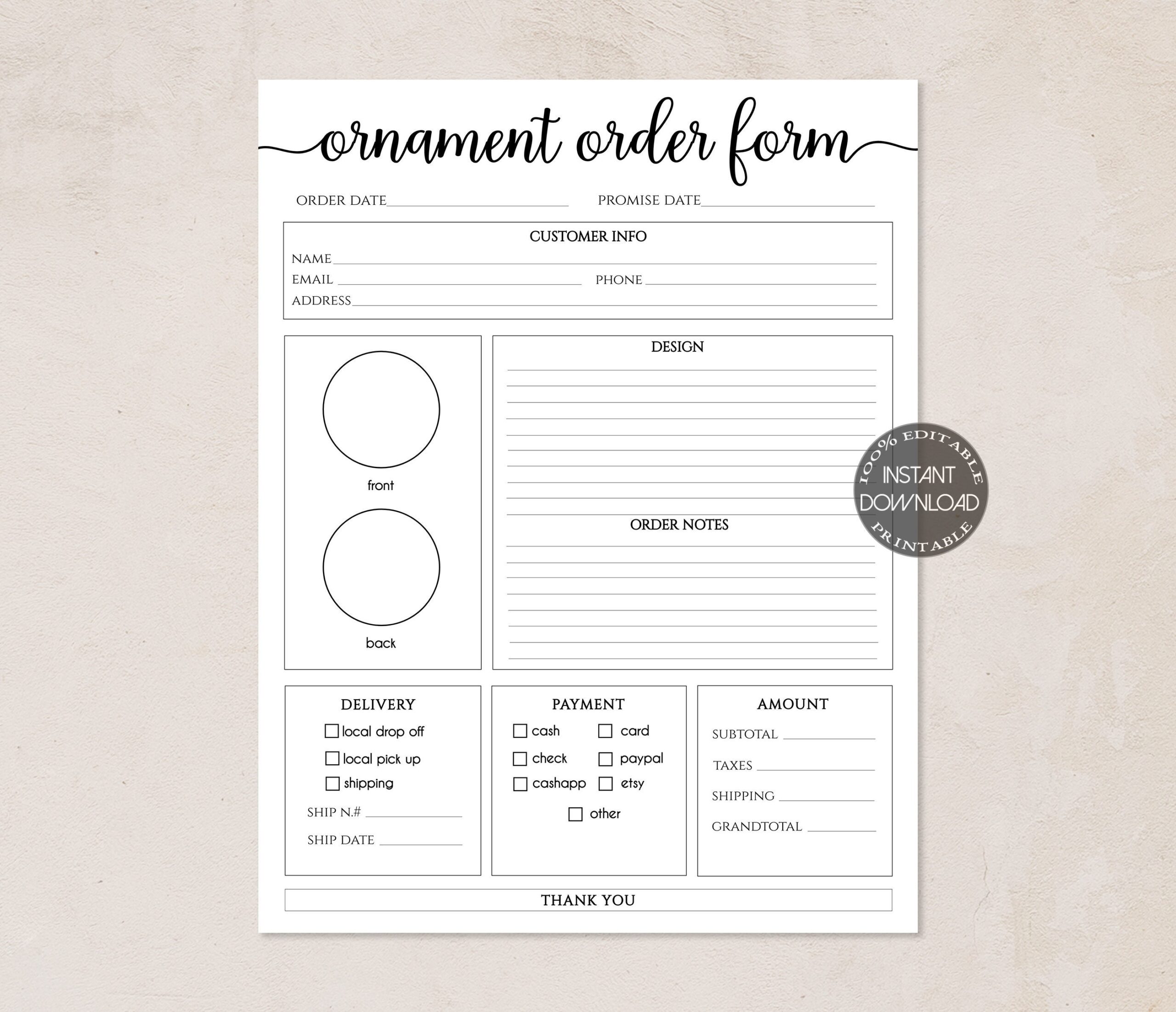 Ornament Order Form Printable Crafters Order Form Small Craft Business Templates Editable Small Business Forms Dtp 004 Etsy