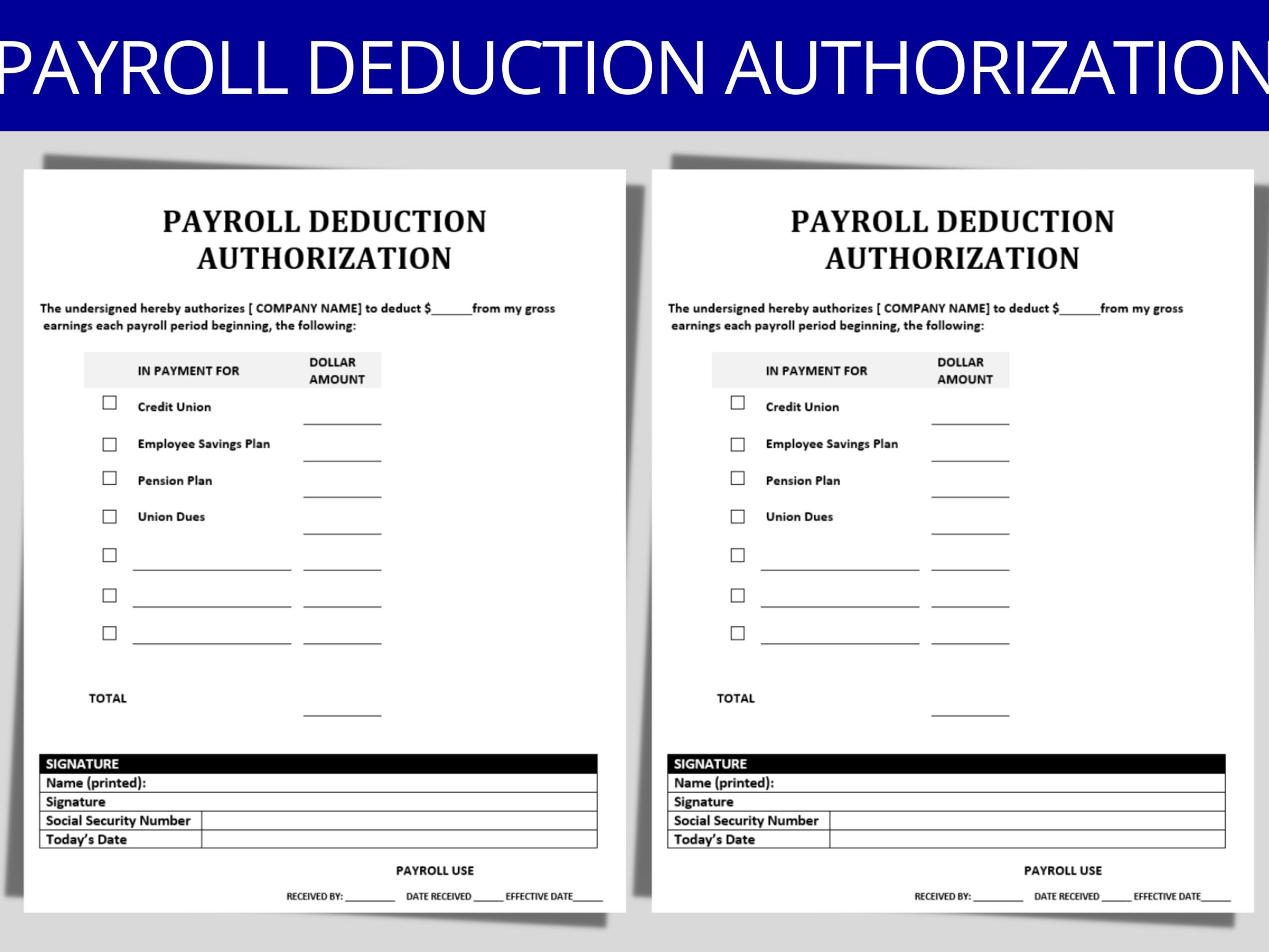 Payroll Deduction Authorization Form Editable MS Word Template 