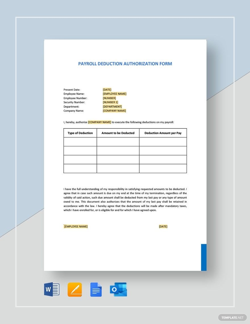 Payroll Deduction Authorization Form Template In Word Pages 