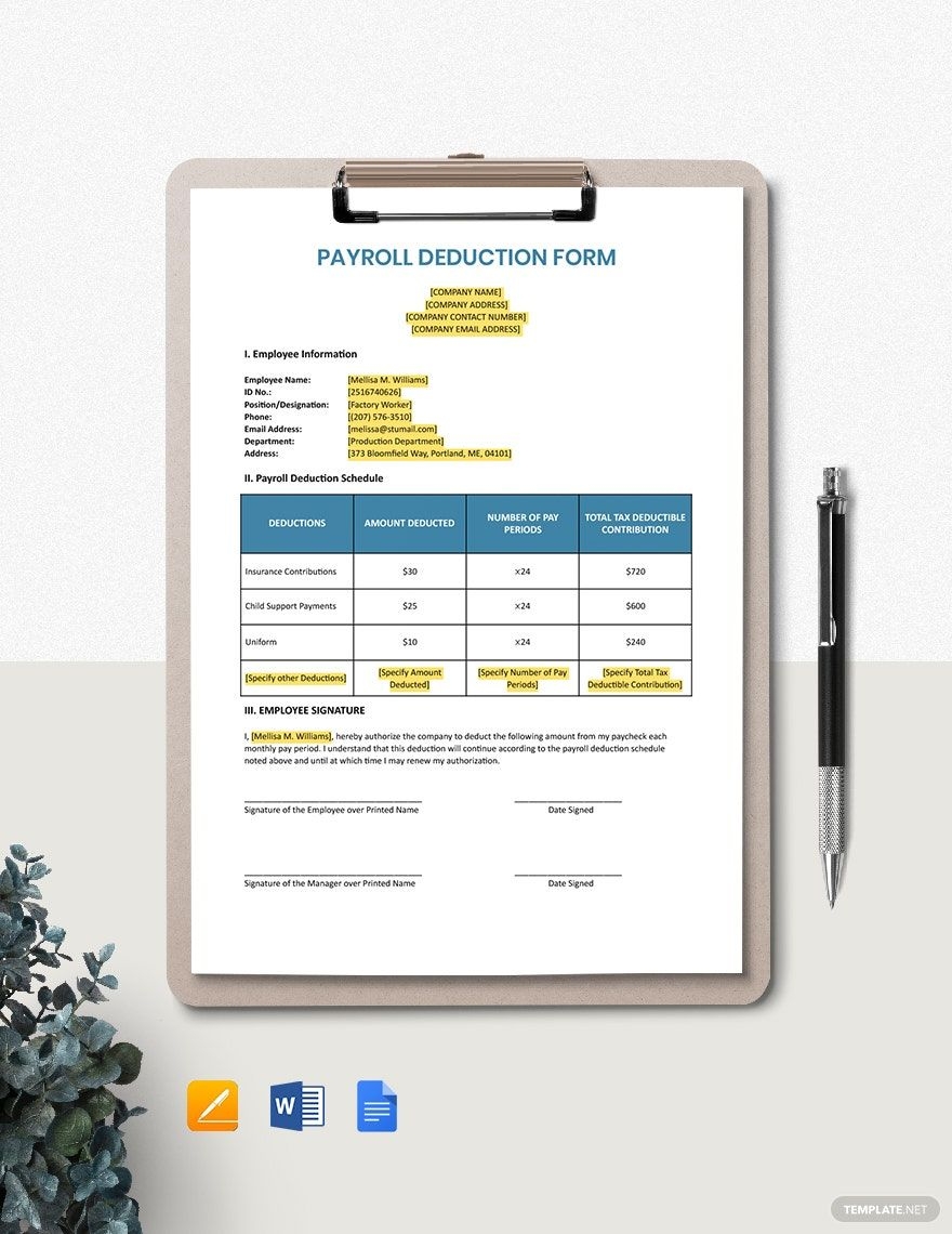 Payroll Deduction Form Template In Pages Word Google Docs 