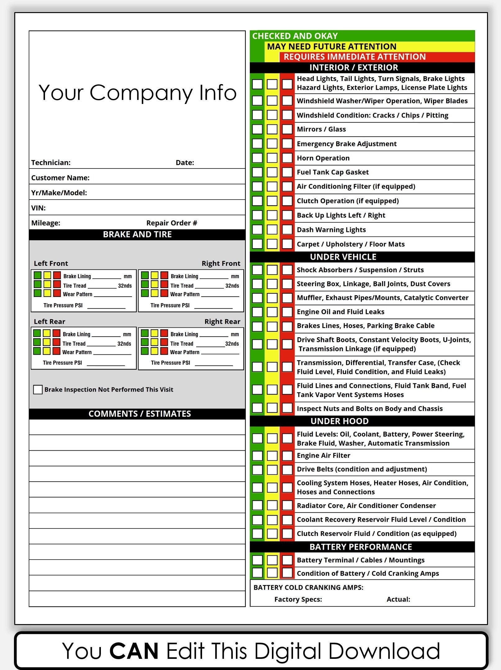 PDF Printable Vehicle Inspection Report CANVA Template Editable 