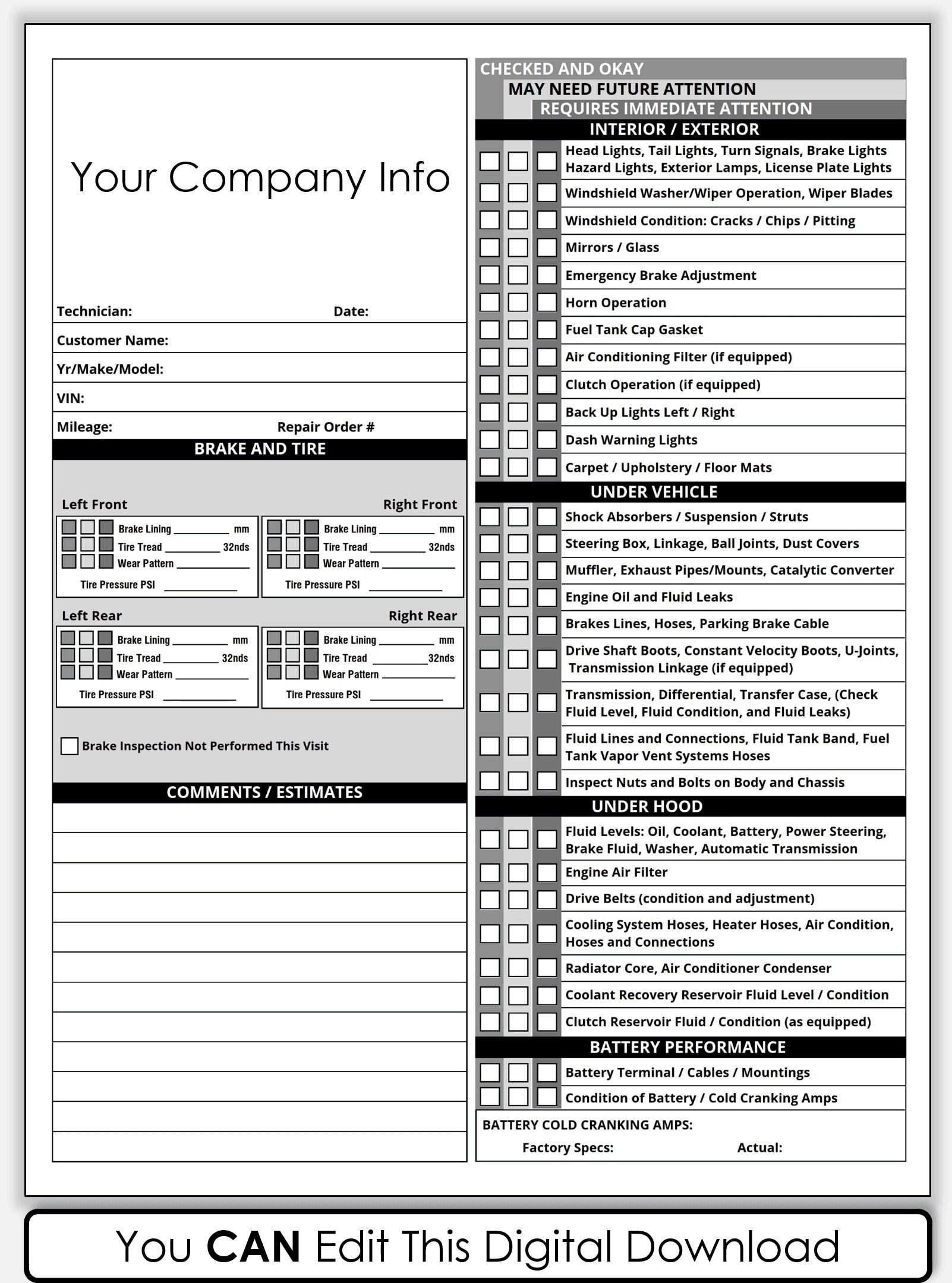 PDF Printable Vehicle Inspection Report CANVA Template Editable 
