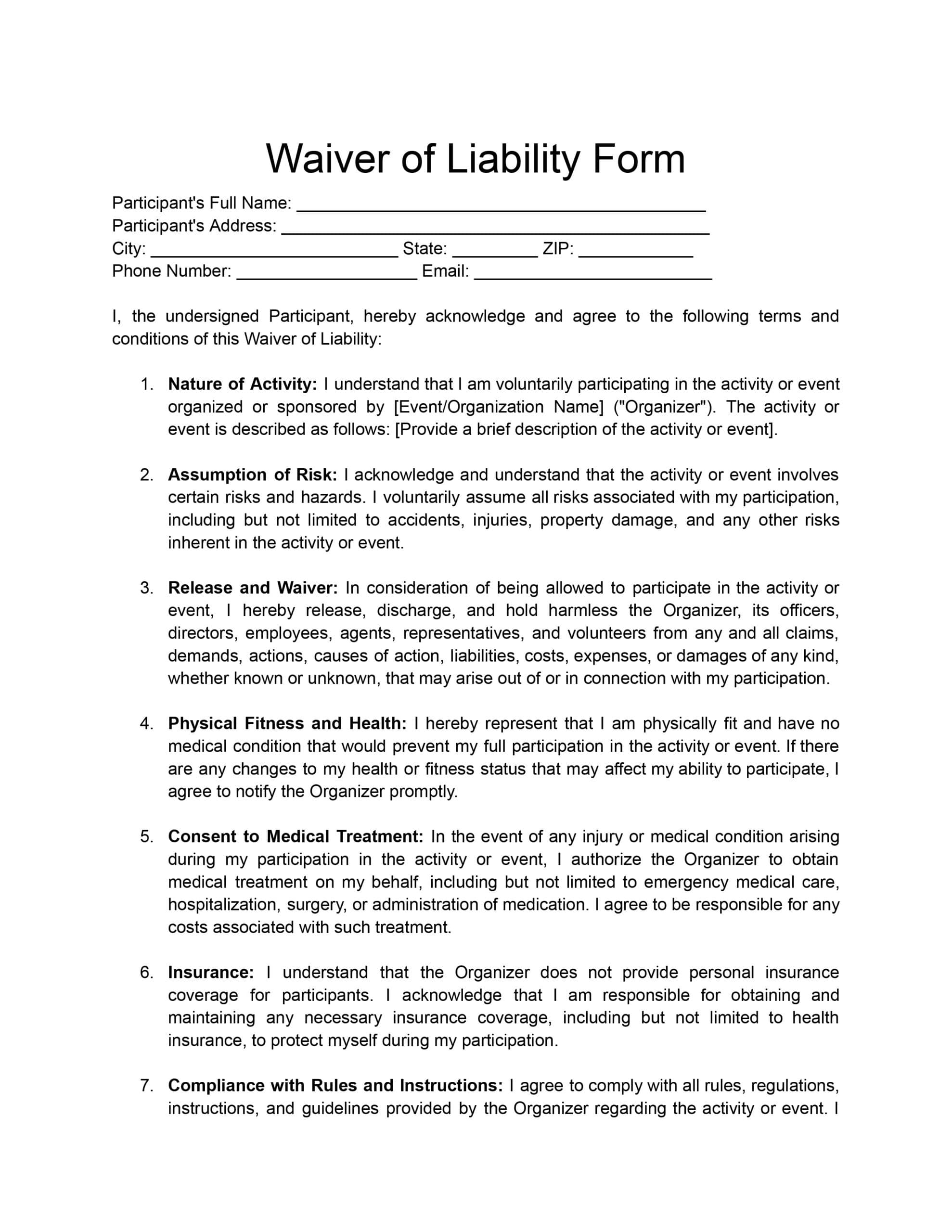Free Printable Personal Injury Waiver Form