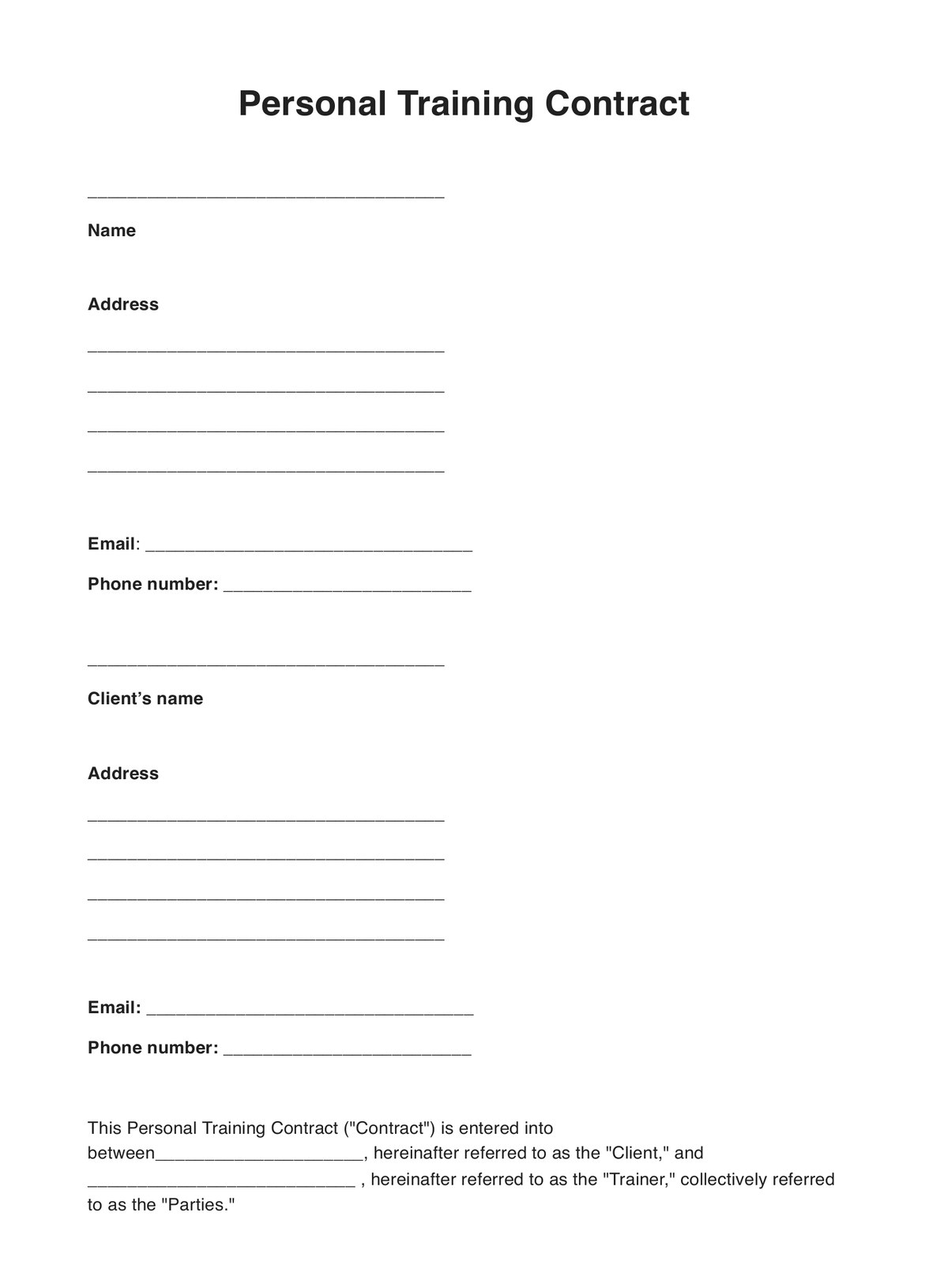 Personal Training Contract Template U0026 Sample Free PDF Download