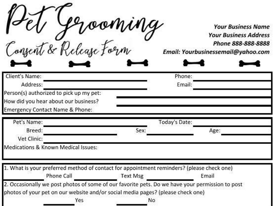 Pet Grooming Consent And Release Form Pet Grooming Dog Grooming Grooming Consent Form Excel Editable File Etsy