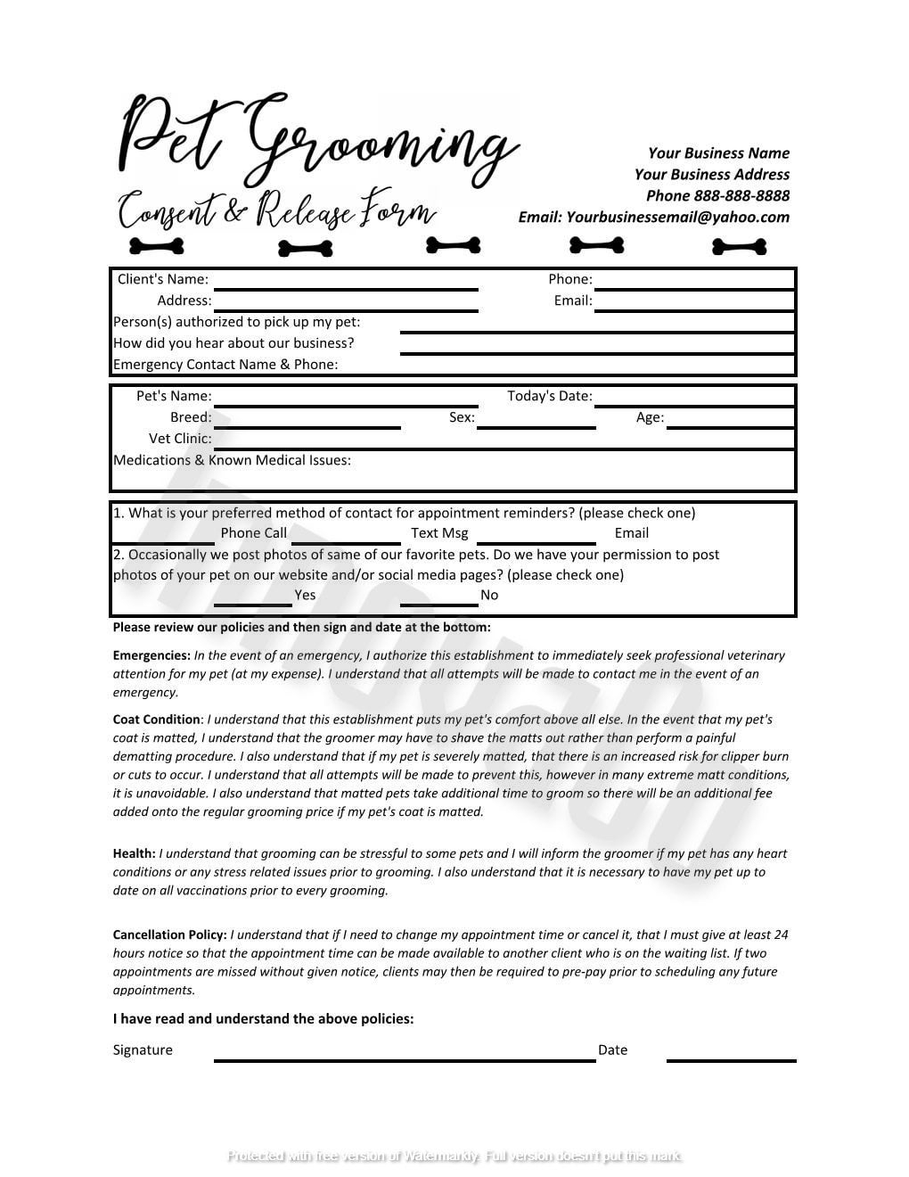 Pet Grooming Consent And Release Form Pet Grooming Dog Grooming Grooming Consent Form Excel Editable File InnovaCo