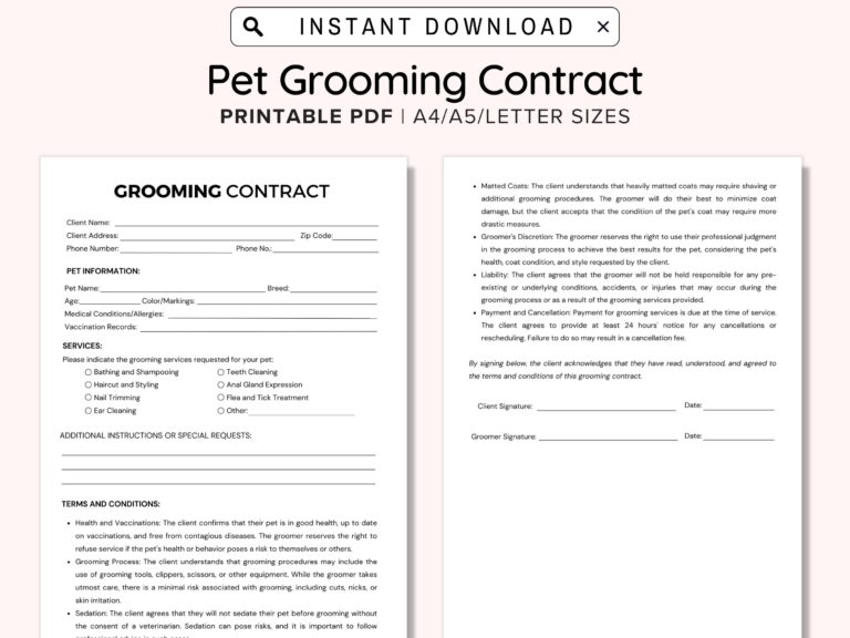 Pet Grooming Contract Printable Pet Client Grooming Agreement
