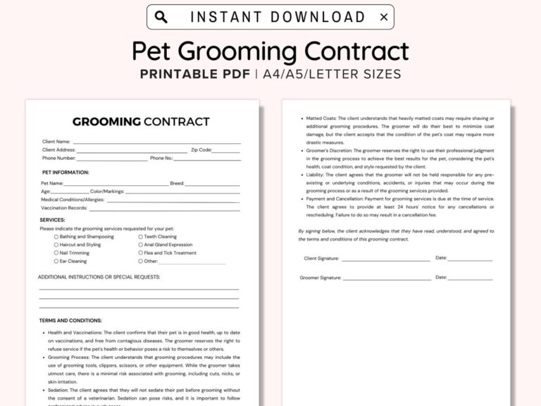 Pet Grooming Contract Printable Pet Client Grooming Agreement Dog Cat Salon Contract Dog Cat Grooming Editable Form Canva Template PDF Etsy