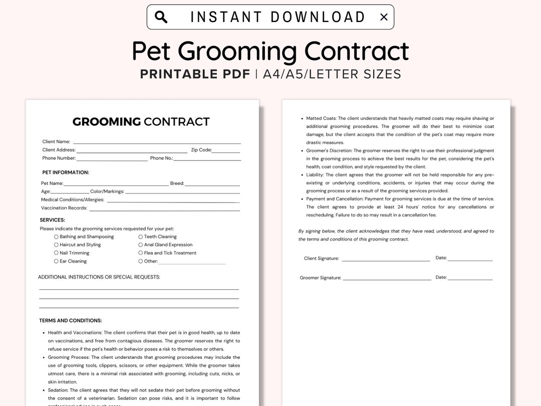 Pet Grooming Contract Printable Pet Client Grooming Agreement Dog Cat Salon Contract Dog Cat Grooming Editable Form Canva Template PDF Etsy