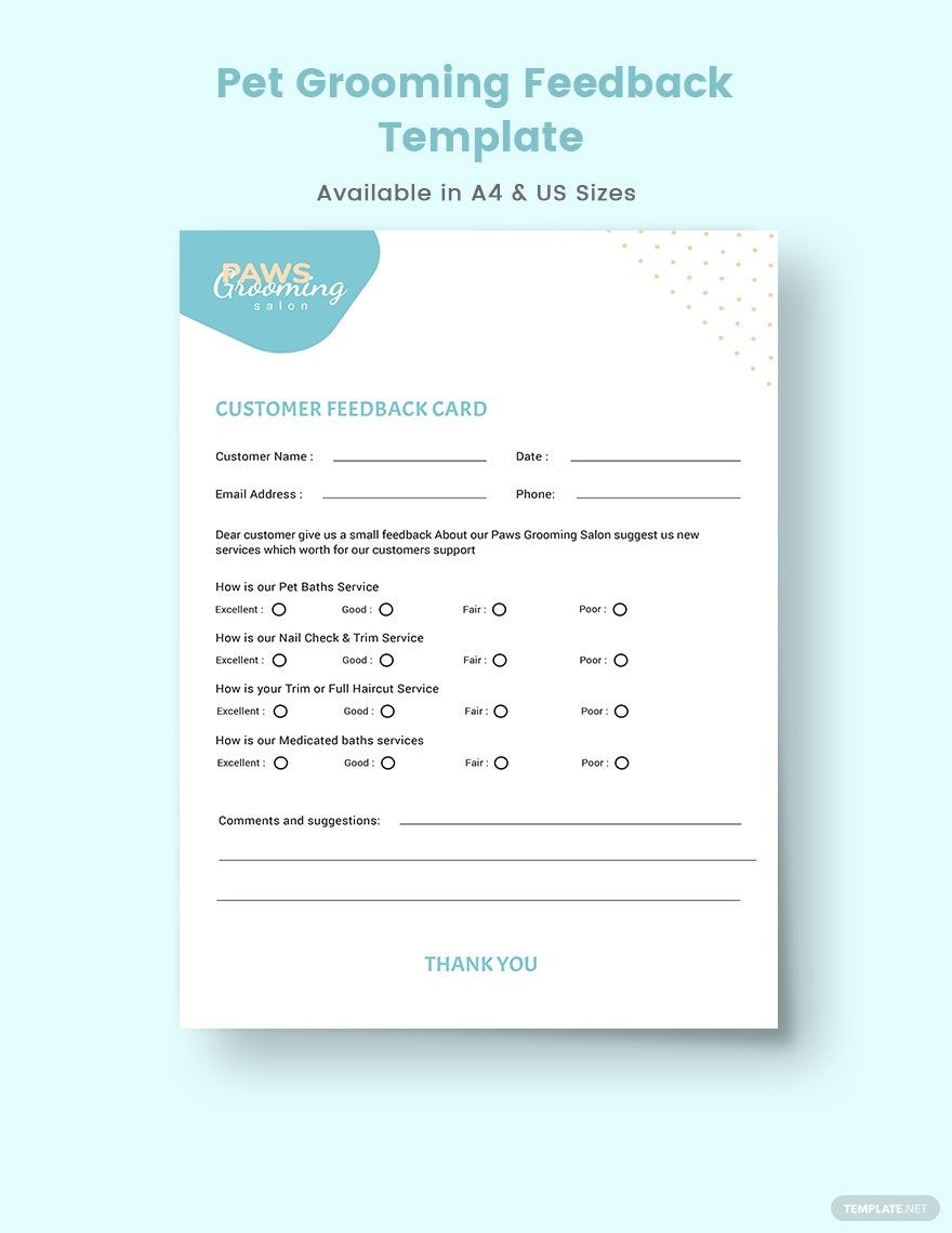 Pet Grooming Feedback Form Template In PSD Illustrator Word Publisher Pages InDesign Google Docs Download Template