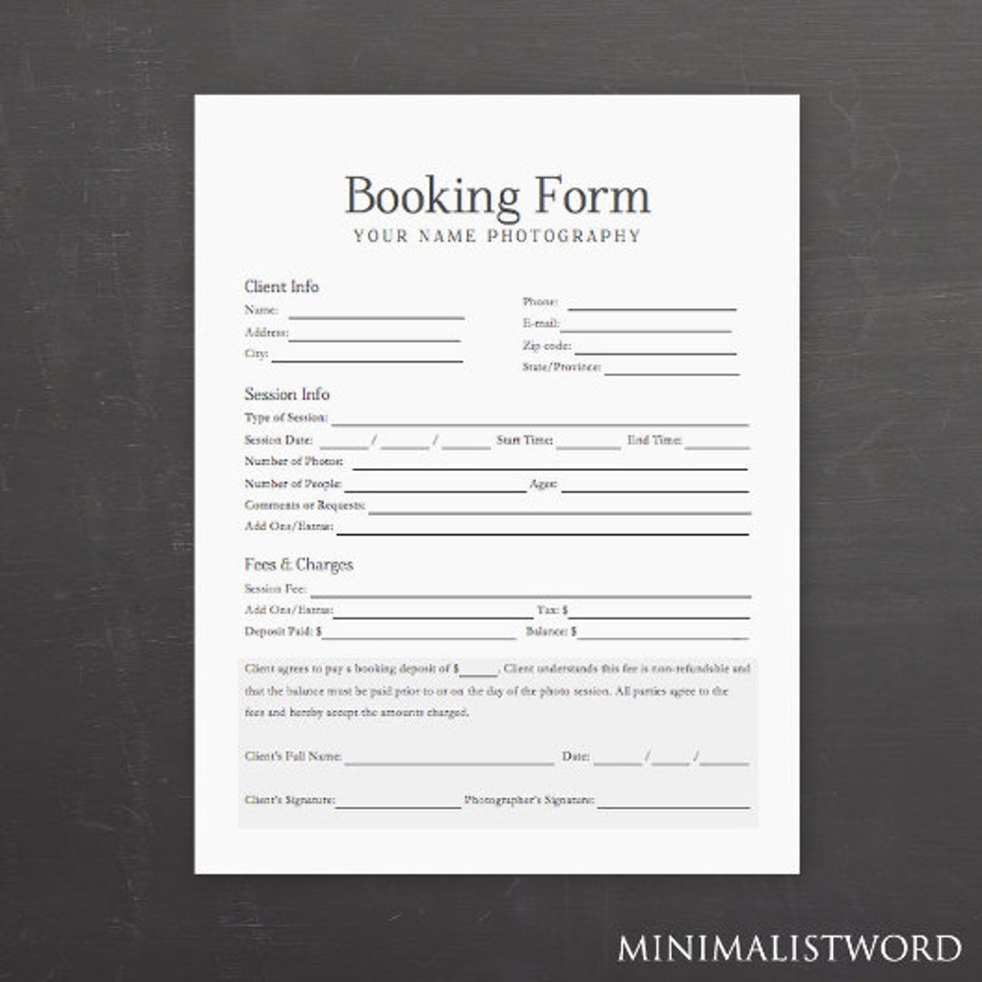 Photography Booking Form Template Client Booking Form Template Photographer Booking Form MS Word instant Download Etsy
