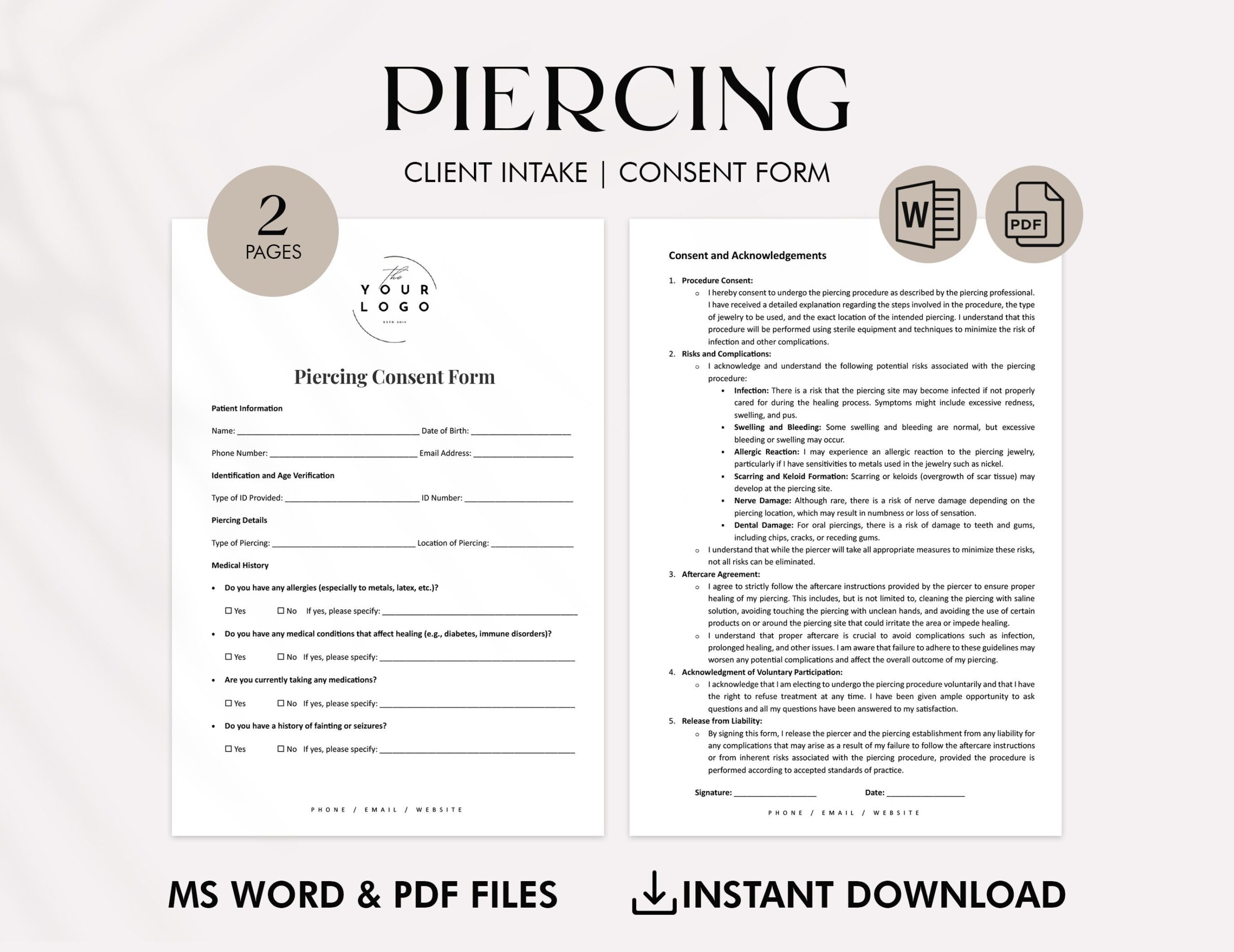 Piercing Consent Form Template Professional Body Piercing Shop Forms Tattoo And Piercing Studio Documents Editable Word U0026 PDF Etsy UK