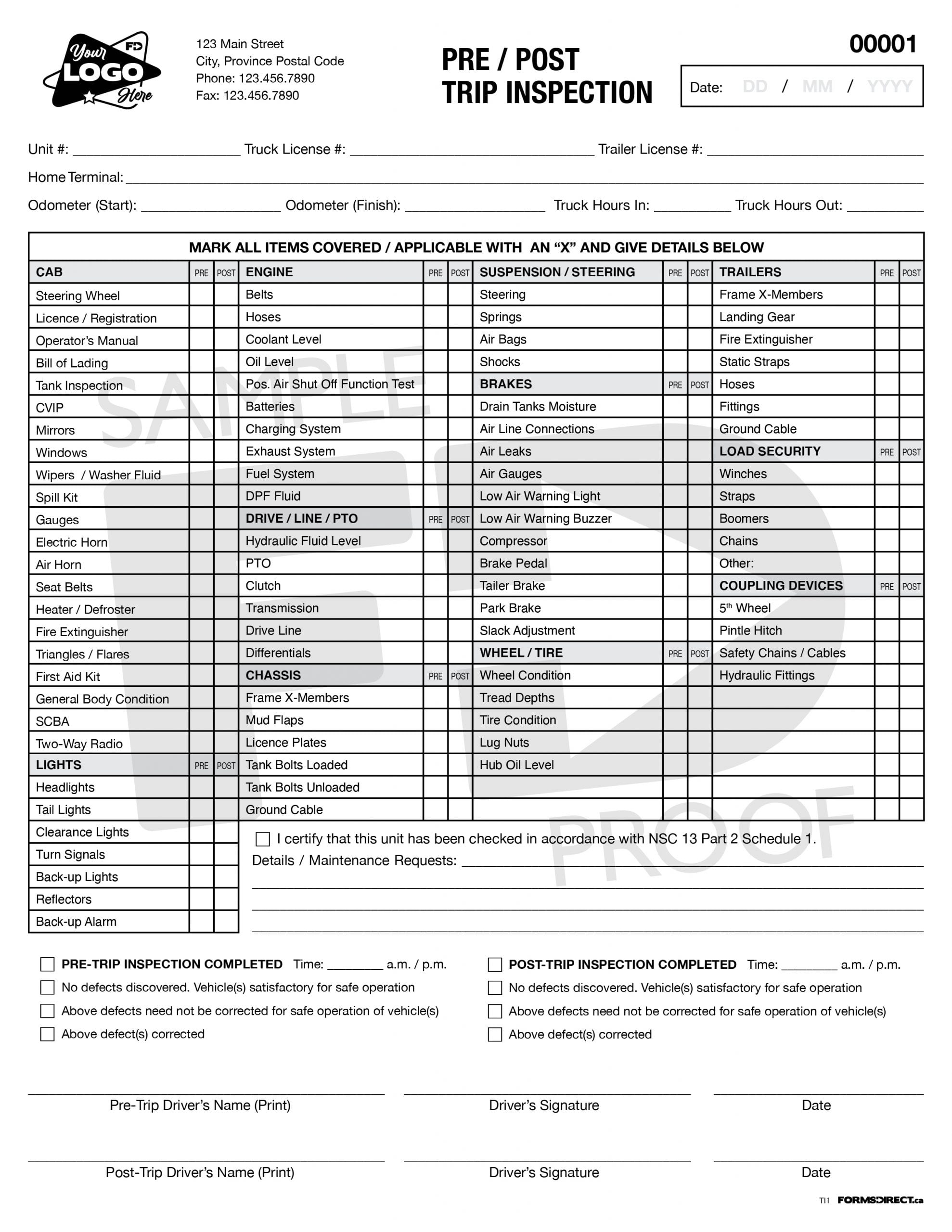 Free Printable Dot Pre Trip Inspection Form Pdf