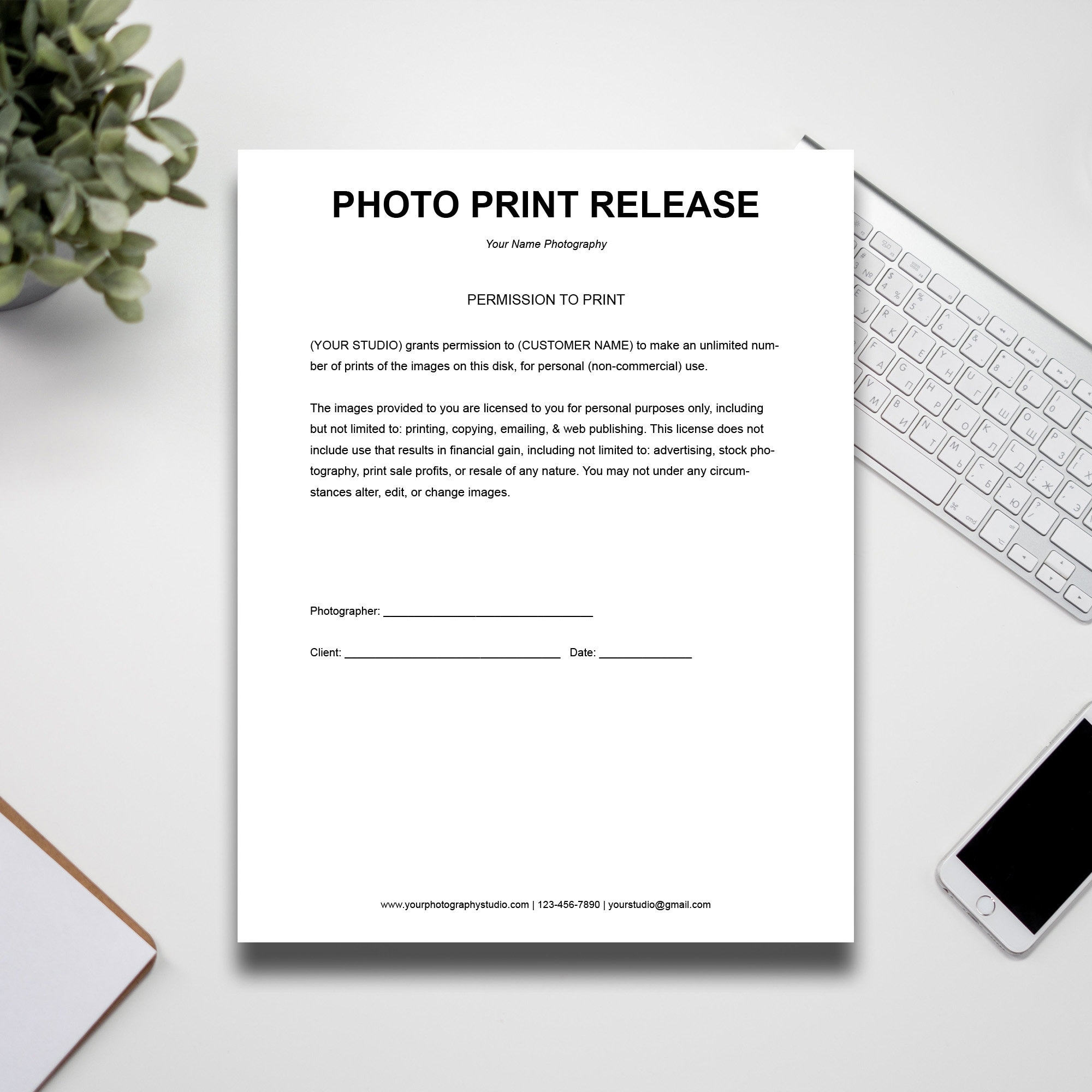 Print Release Form Template Wedding Photography Forms Print Release Template MS WORD Instant Download