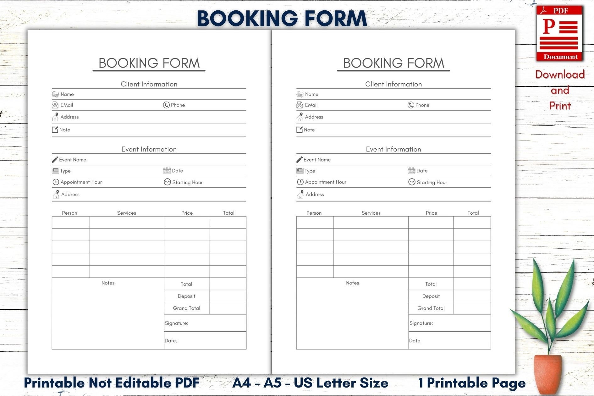 Printable Booking Form Printable Service Form Printable Client 