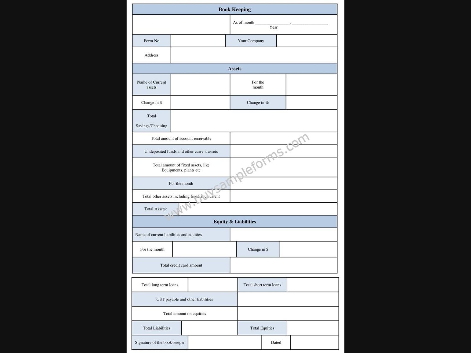 Printable Bookkeeping Form Accounting Template Phoenixville PA 