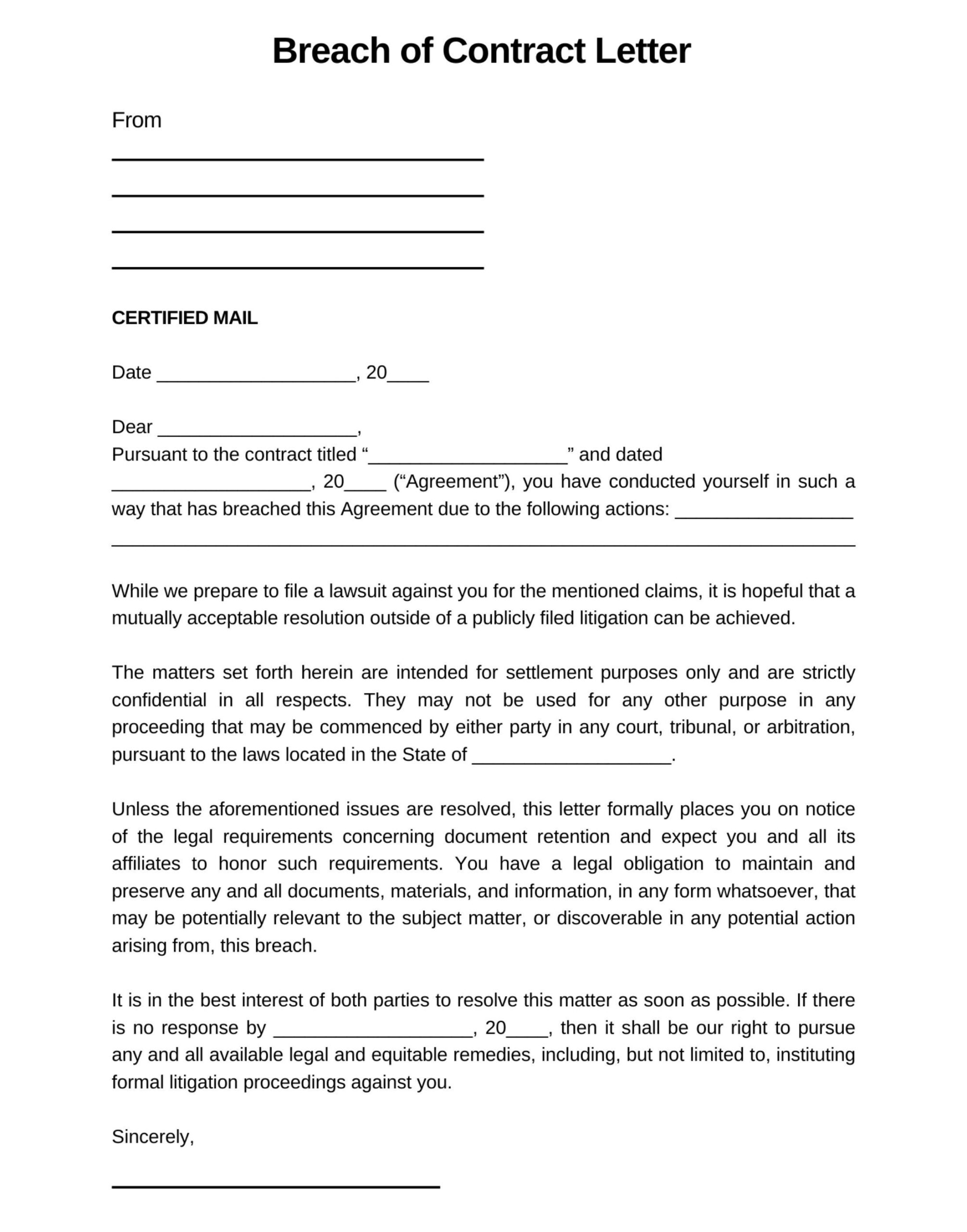 Printable Breach Of Contract Template Breach Of Contract Demand Letter Etsy Canada
