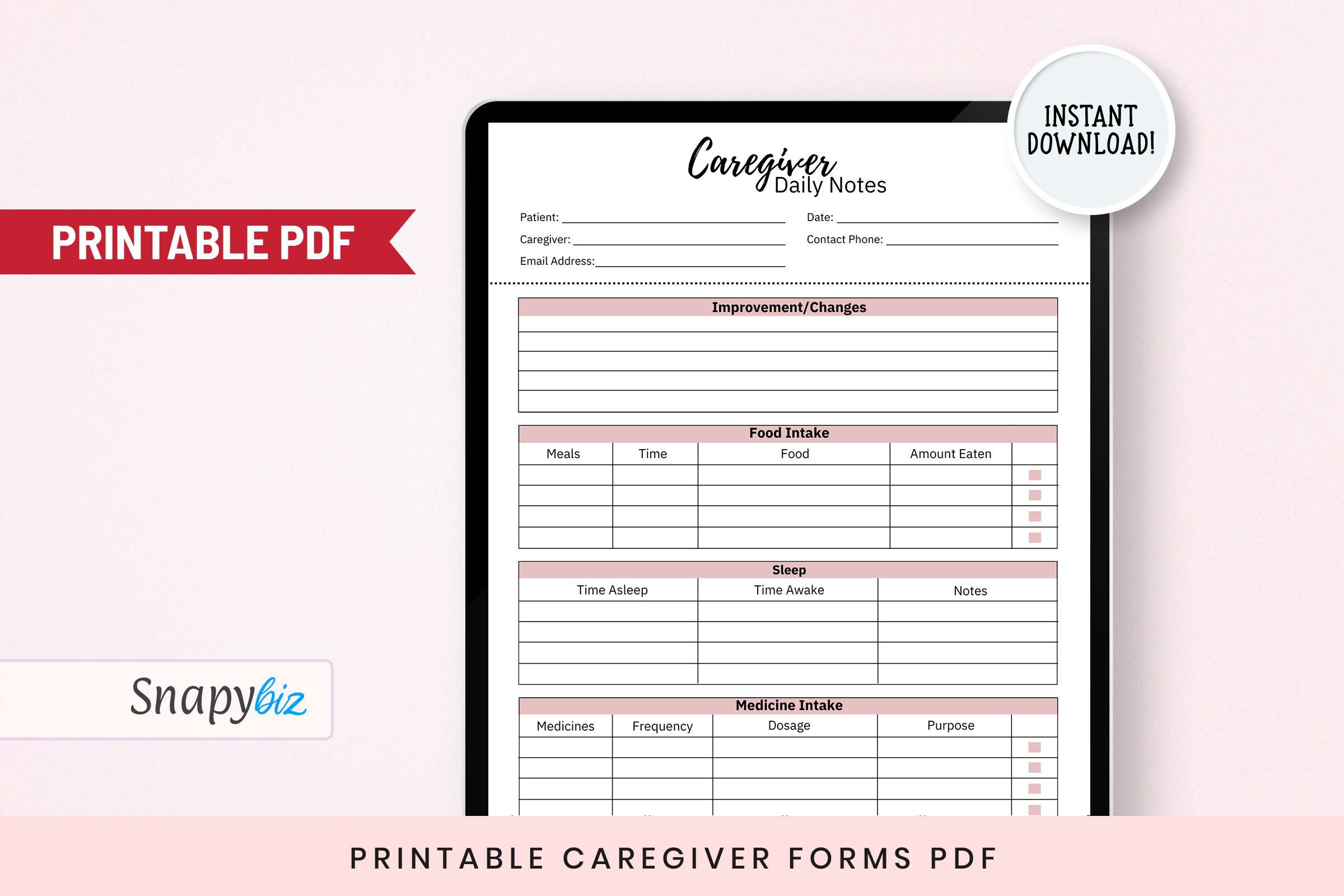 Printable Caregiver Forms PDF SnapyBiz