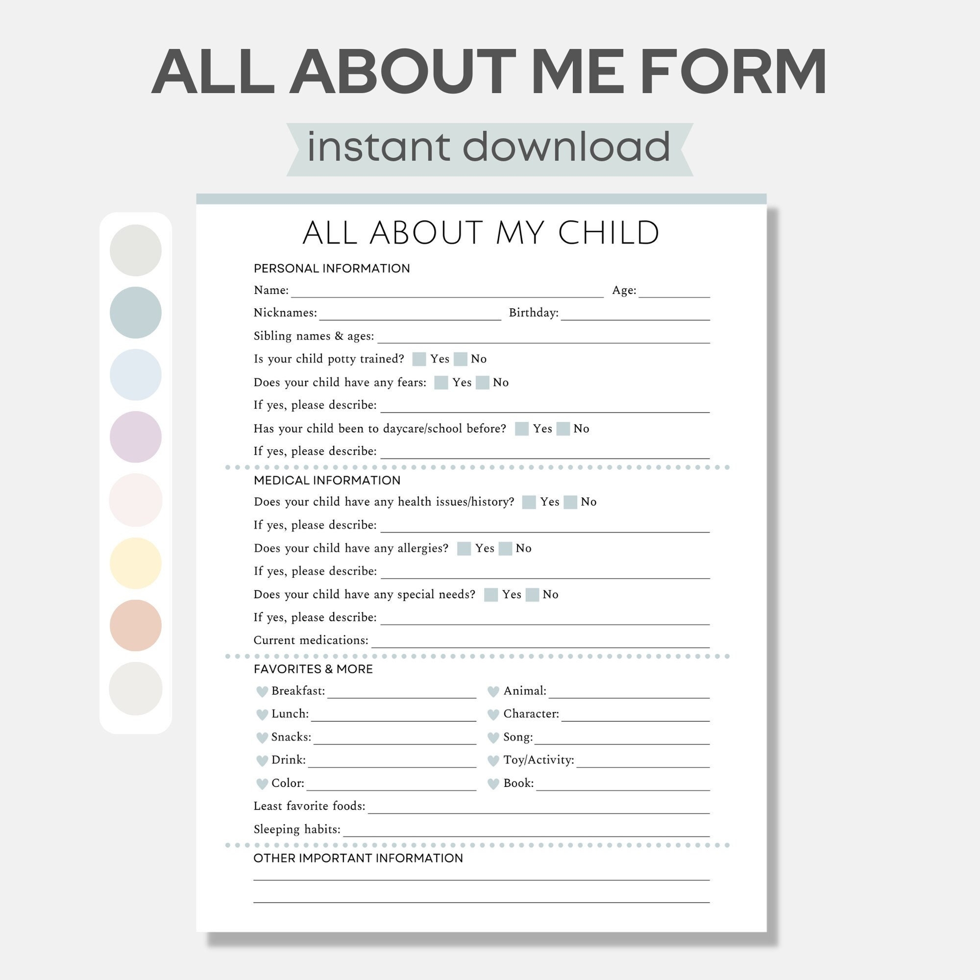 Printable Daycare All About Me Form Child Information Sheet Daycare Information Form Preschool Application Questions Nursery Information Etsy