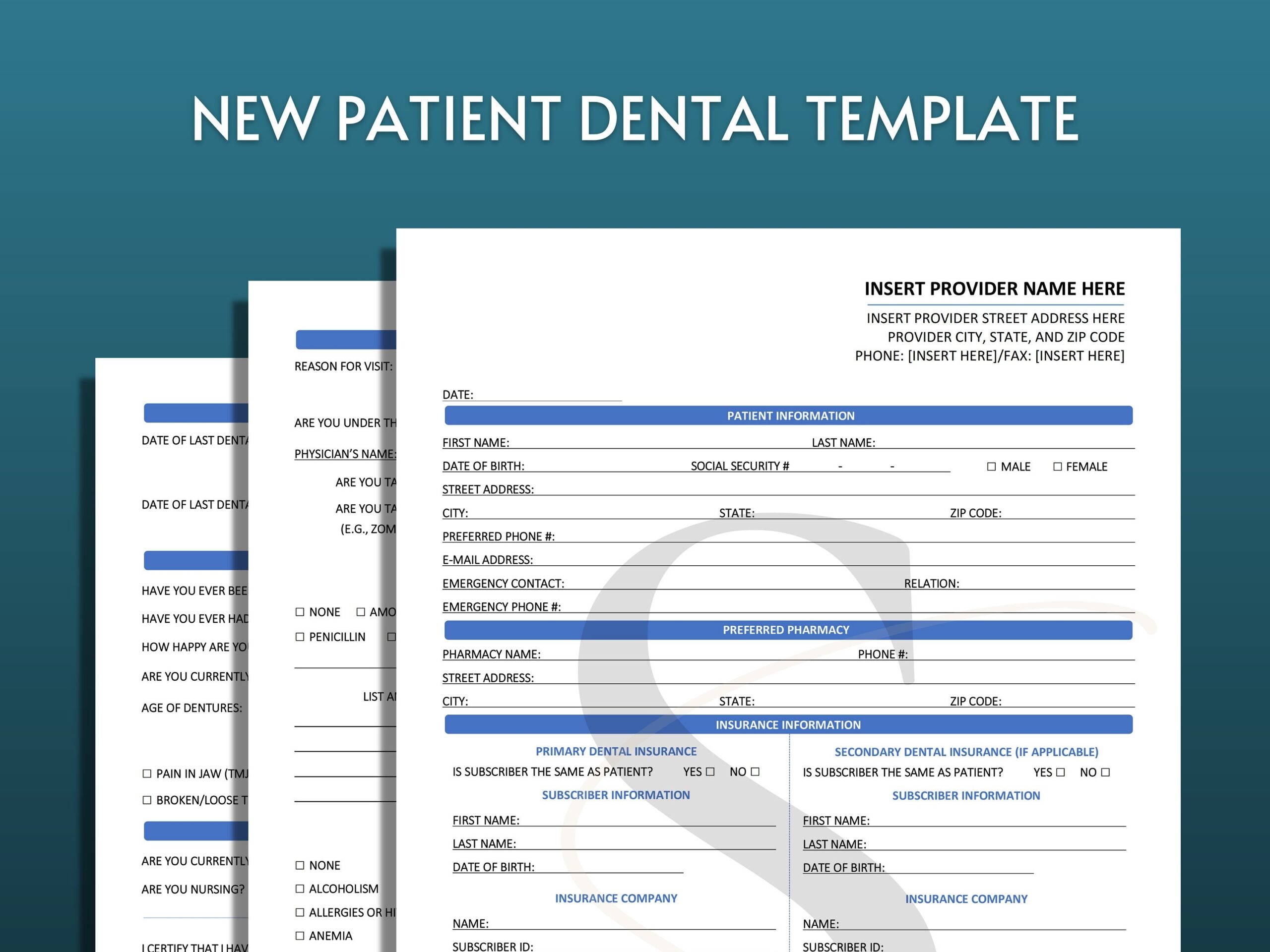 Printable Dental Form Template For Dentist New Patient Dental History Intake Instant Download Editable Printable Oral Health Business Forms Etsy