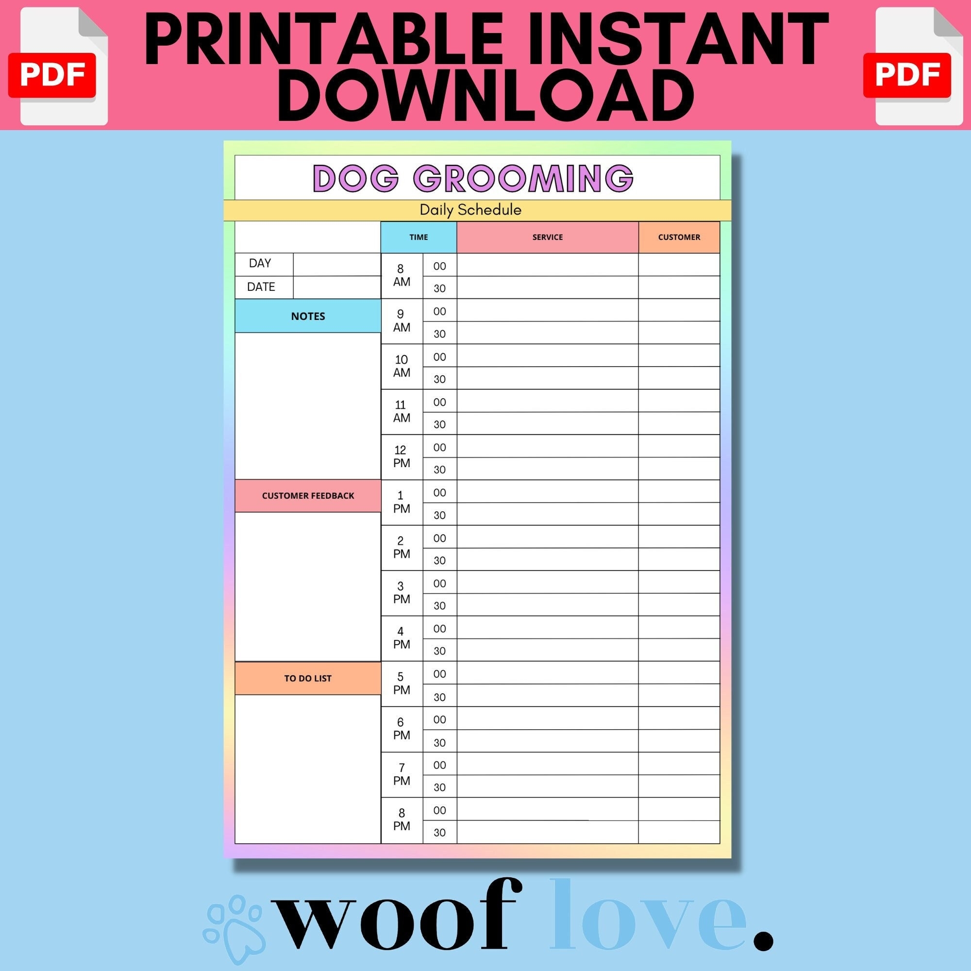 Printable Dog Grooming Daily Schedule Form RAINBOW EDITION Dog Grooming Template Dog Grooming Business Forms Dog Groom Record Form