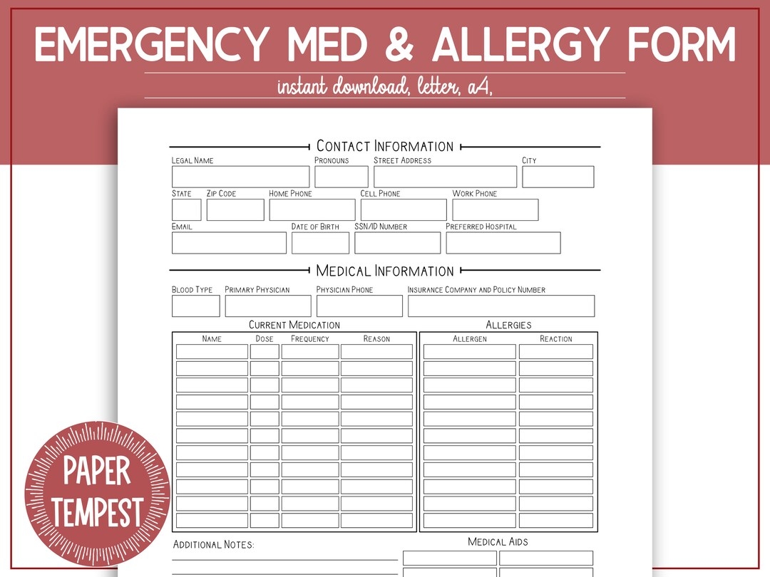 Printable Emergency Medication And Allergy Information Binder Page Health Journal Emergency Contact Form Printable Sheet Grab And Go Etsy