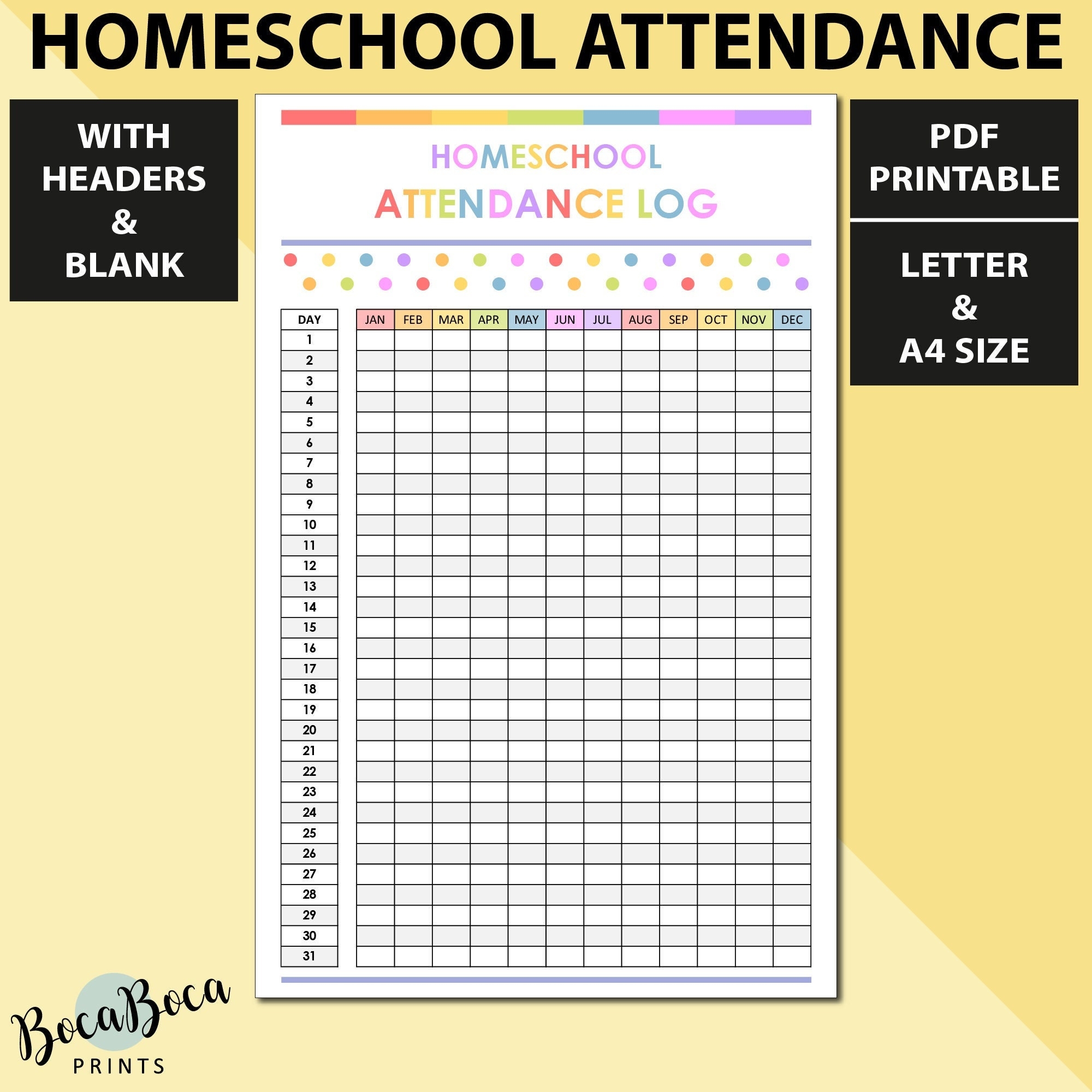 Printable Homeschool Log Homeschool Attendance Tracker Homeschool Attendance Sheet Homeschool Record Keeping Homeschool Attendance Record 