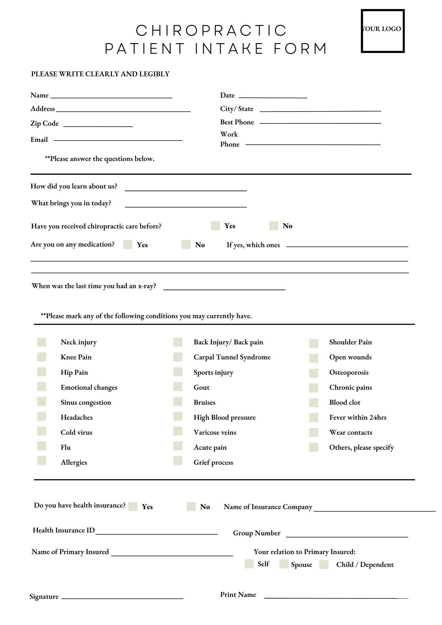 Printable Medical Intake New Patient Form Chiropractic Editable
