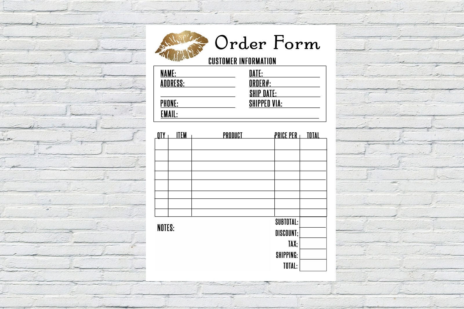 Printable Order Form Gold Lips Instant Download Printable invoice Sales Receipt Makeup Invoice Lipsense Invoice Senegence Order Form Etsy
