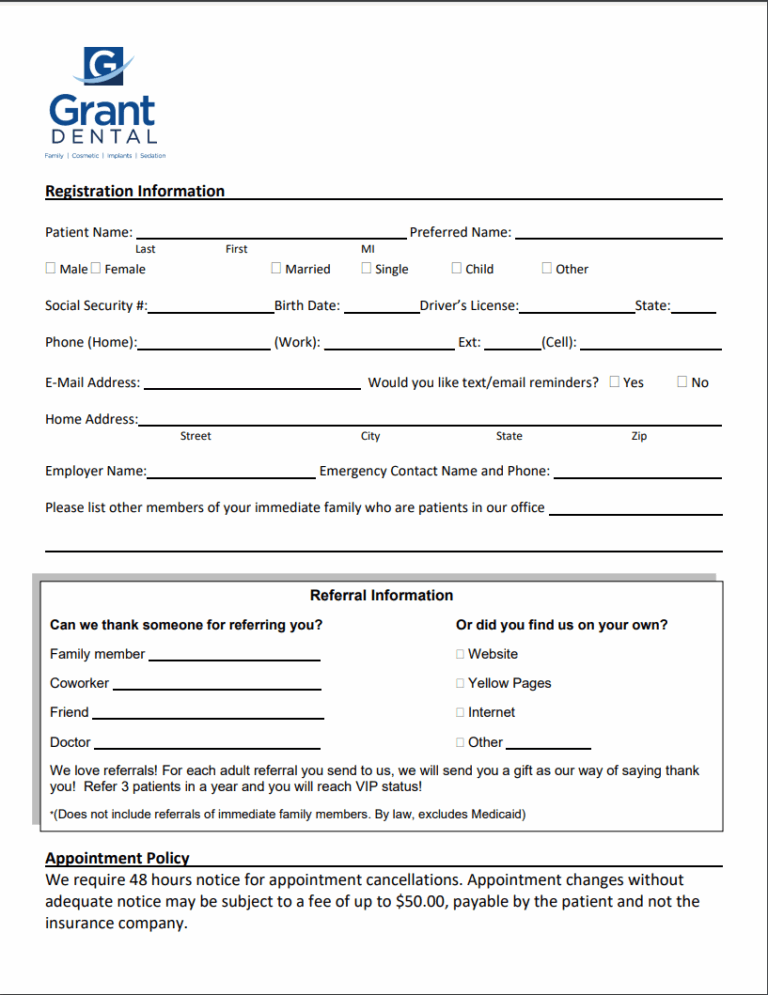 Printable Patient Forms Grant Dental