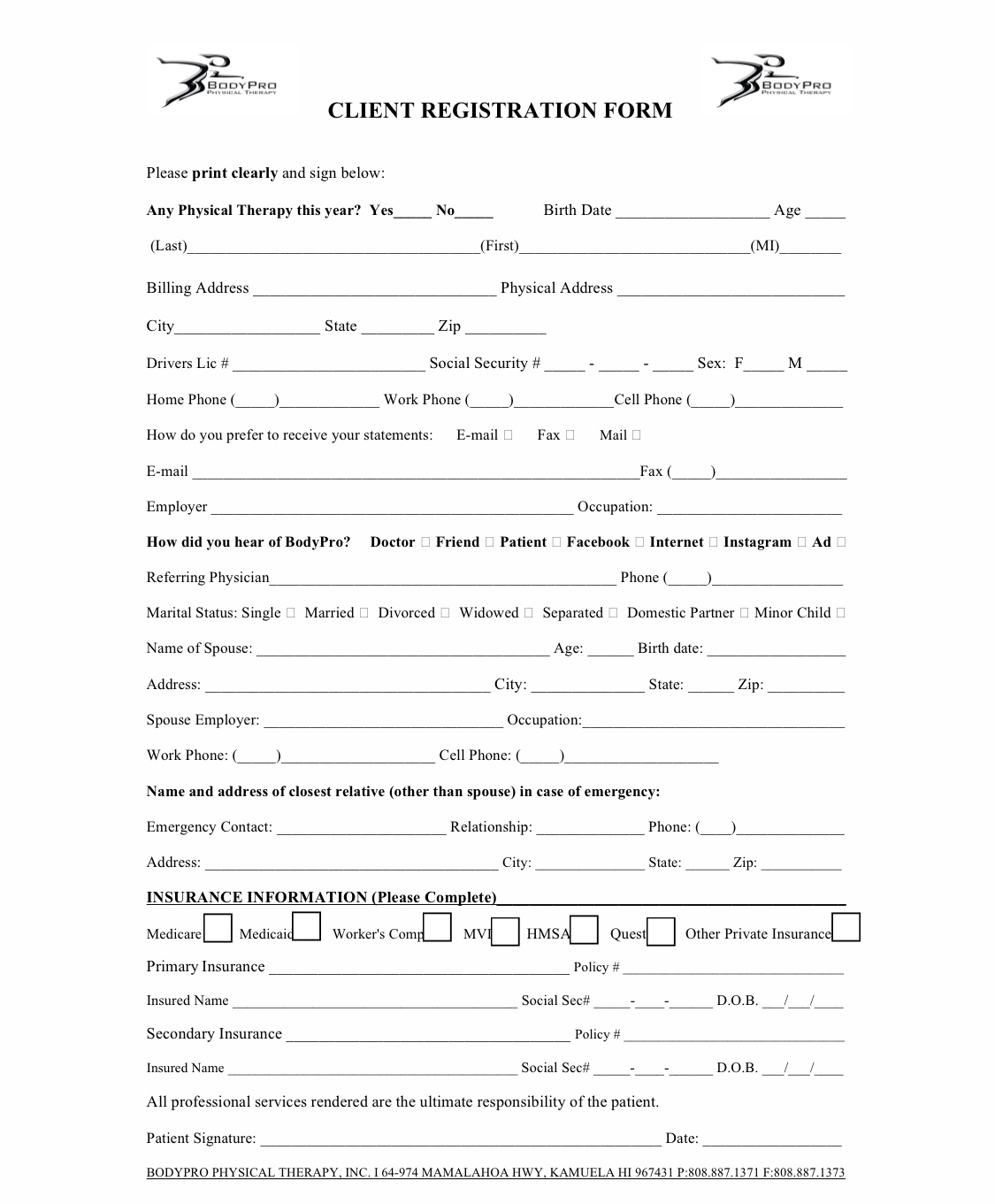 Free Printable Application For Therapy Forms