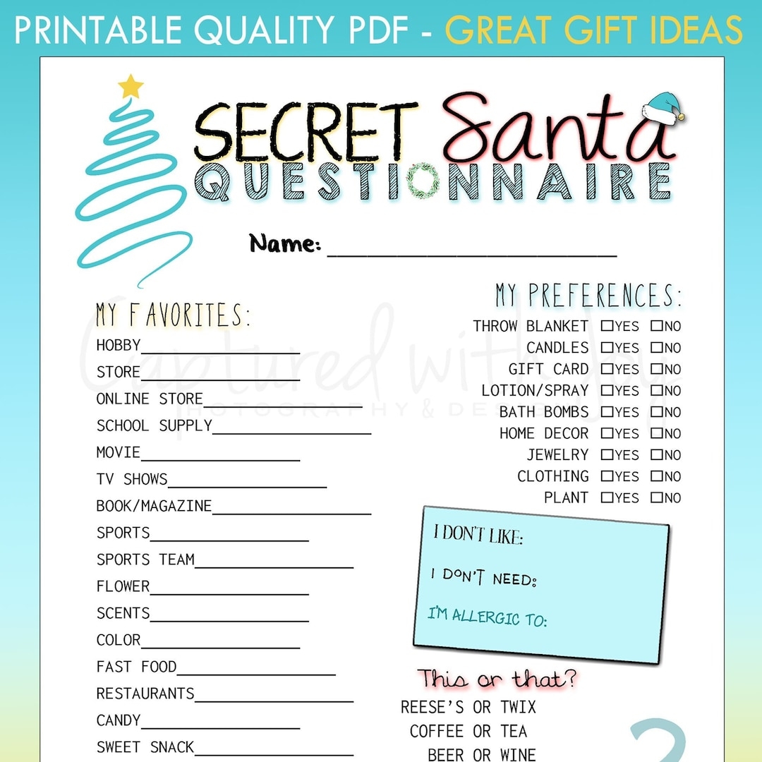 Printable Secret Santa Questionnaire For Gift Exchange work Or Personal Etsy