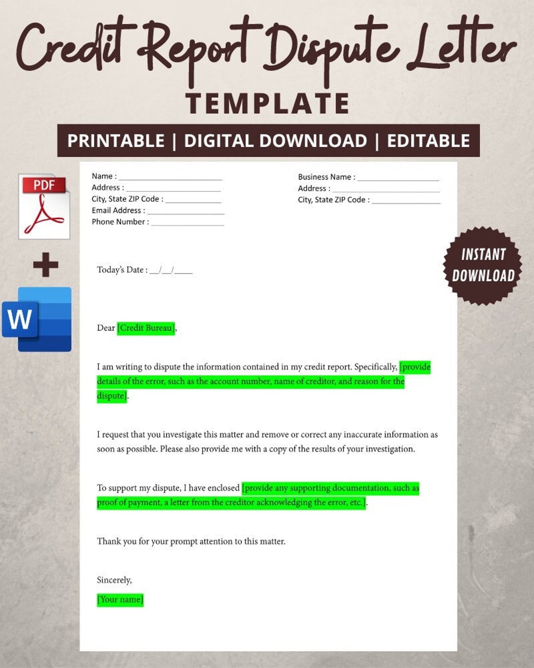 Professional Credit Report Dispute Letter Template Editable MS WORD File Etsy New Zealand