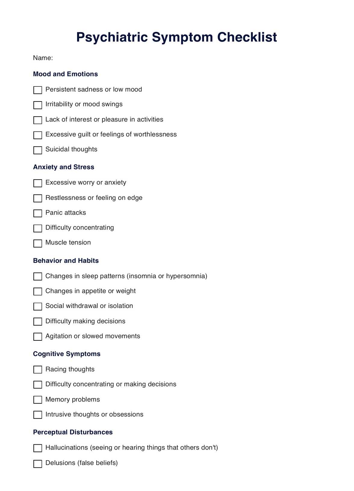 Psychiatric Symptom Checklist U0026 Example Free PDF Download