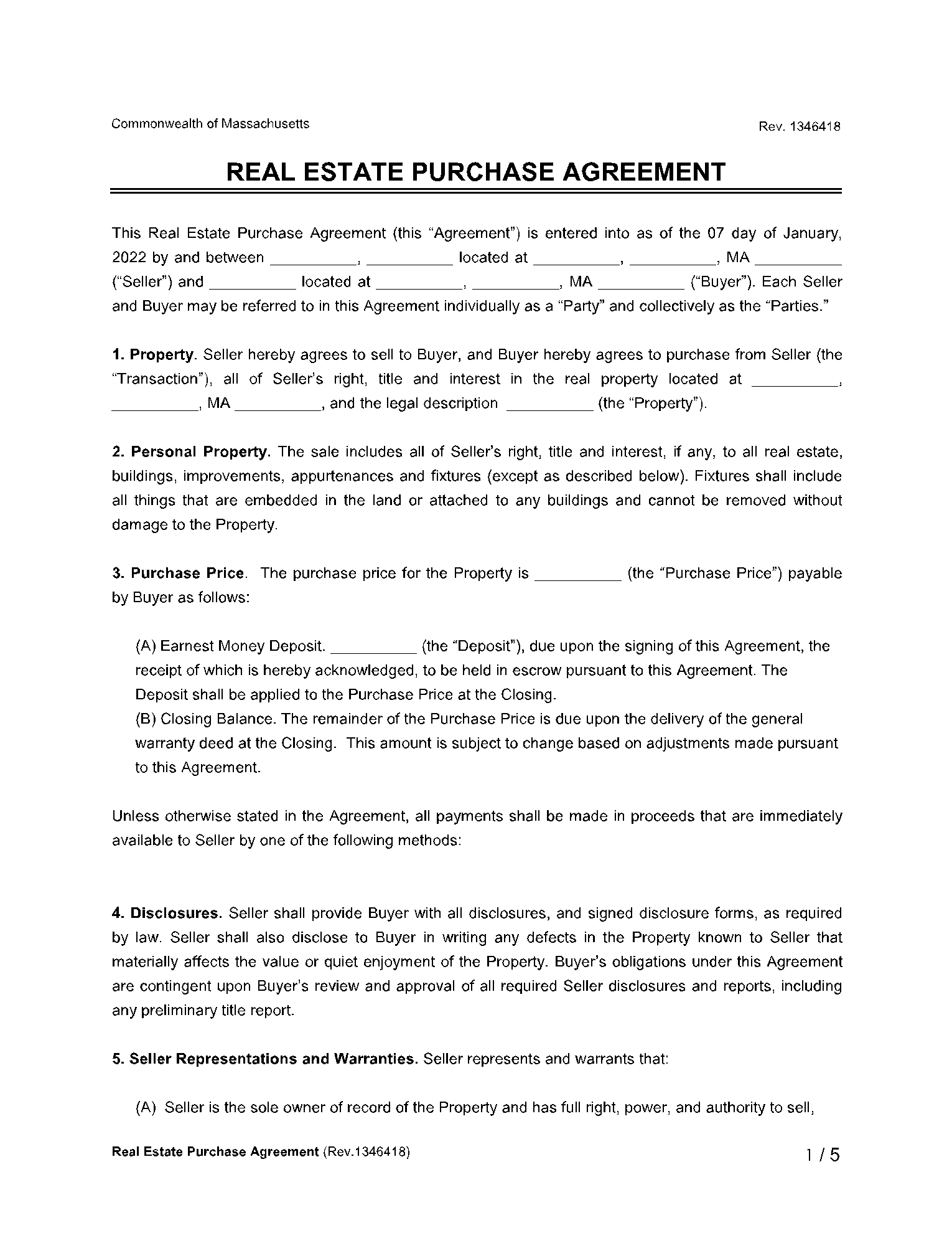 Printable Free Blank Purchase Agreement Form